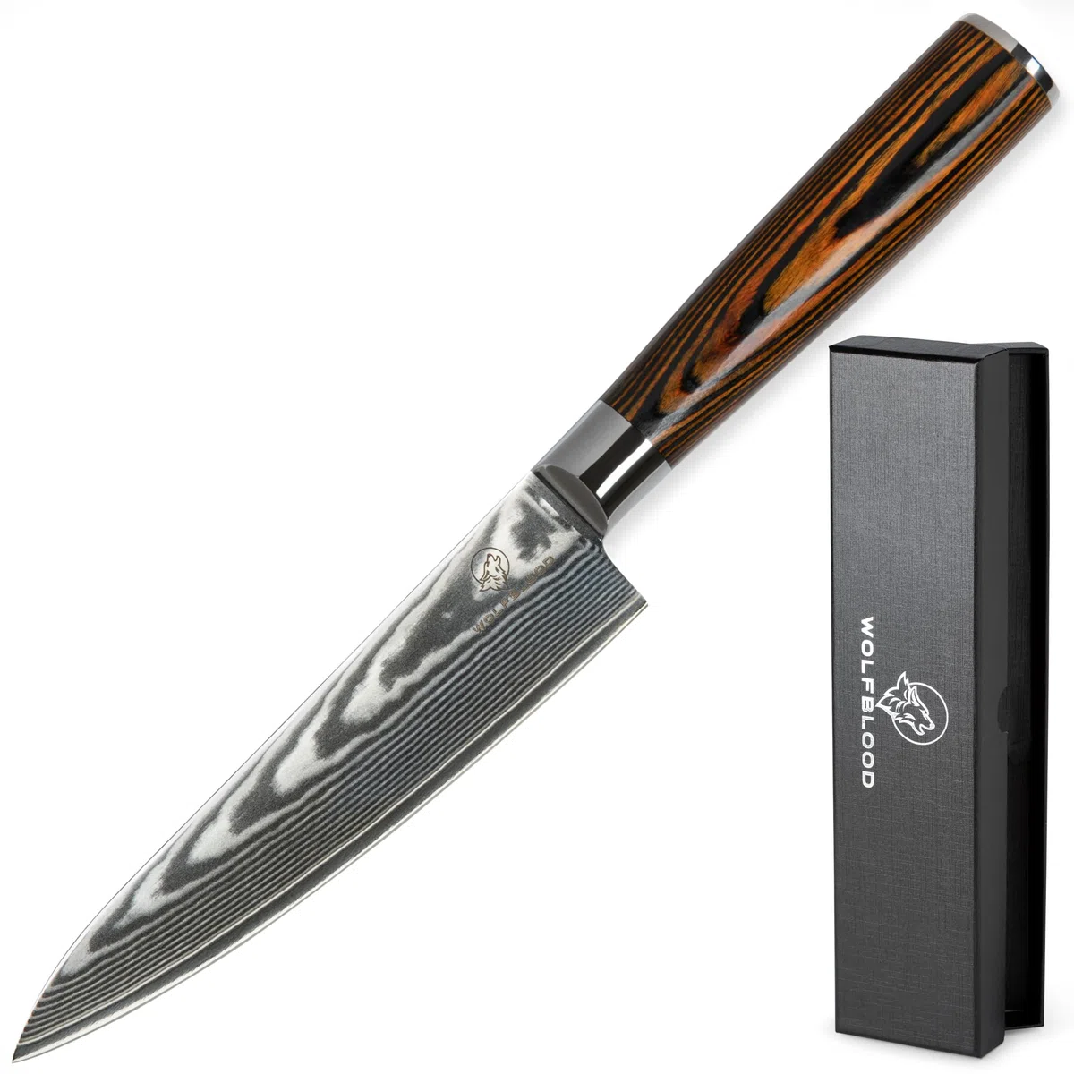 Wolfblood Damastmesser Küchenmesser L (26cm) TÜV geprüfter 62 HRC Damaststahl aus 67 Lagen I Damast-Küchenmesser Chefmesser mit Holzgriff Geschenkbox und Klingenschutz