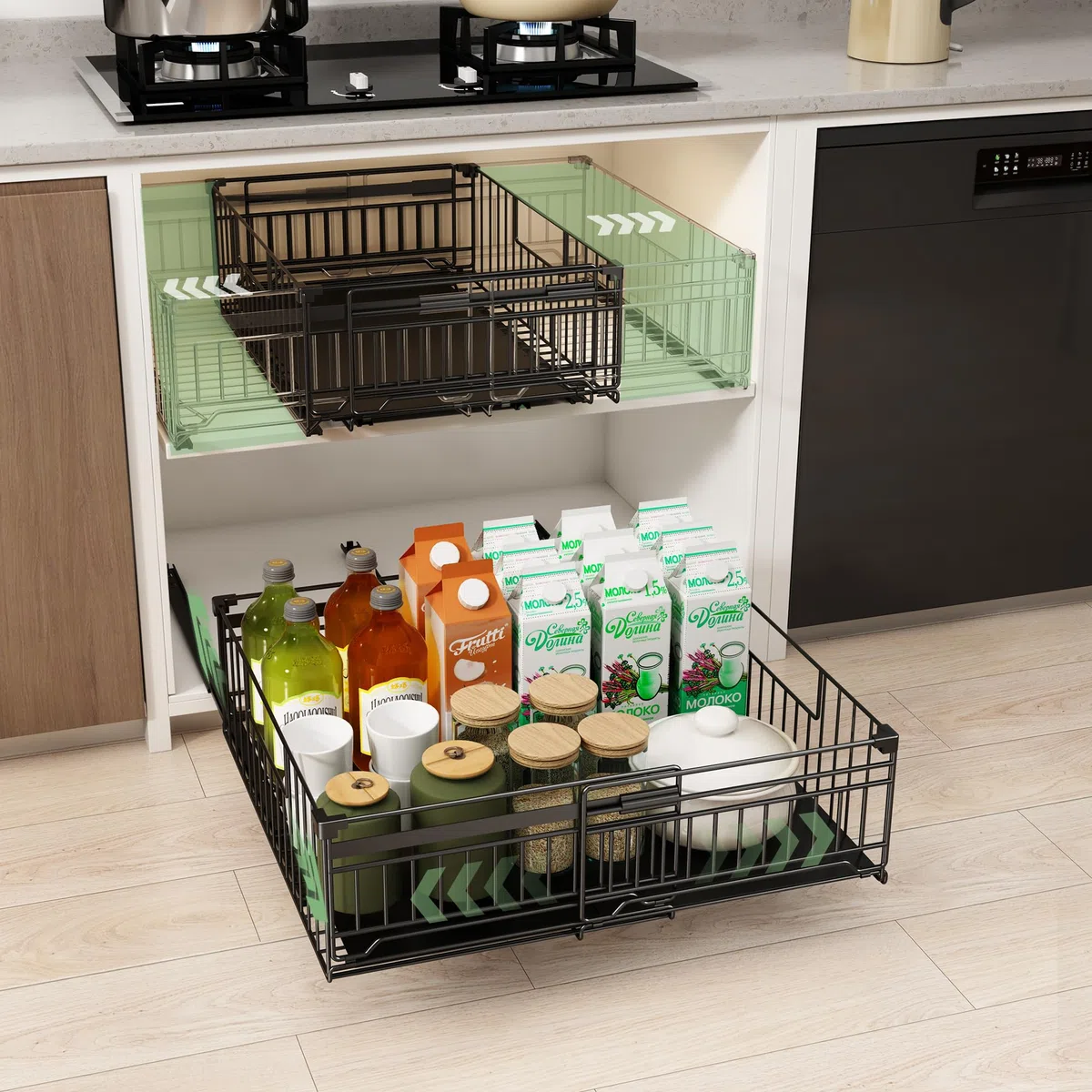 NETEL 2 Stück teleskopschublade, ausziehbare schublade küche,schubfach ohne bohren,ausziehbare schrankkörbe,küchenschubladen,ausziehbarer schrank-organizer,Schwarz,33-51W x 38D x 17H CM