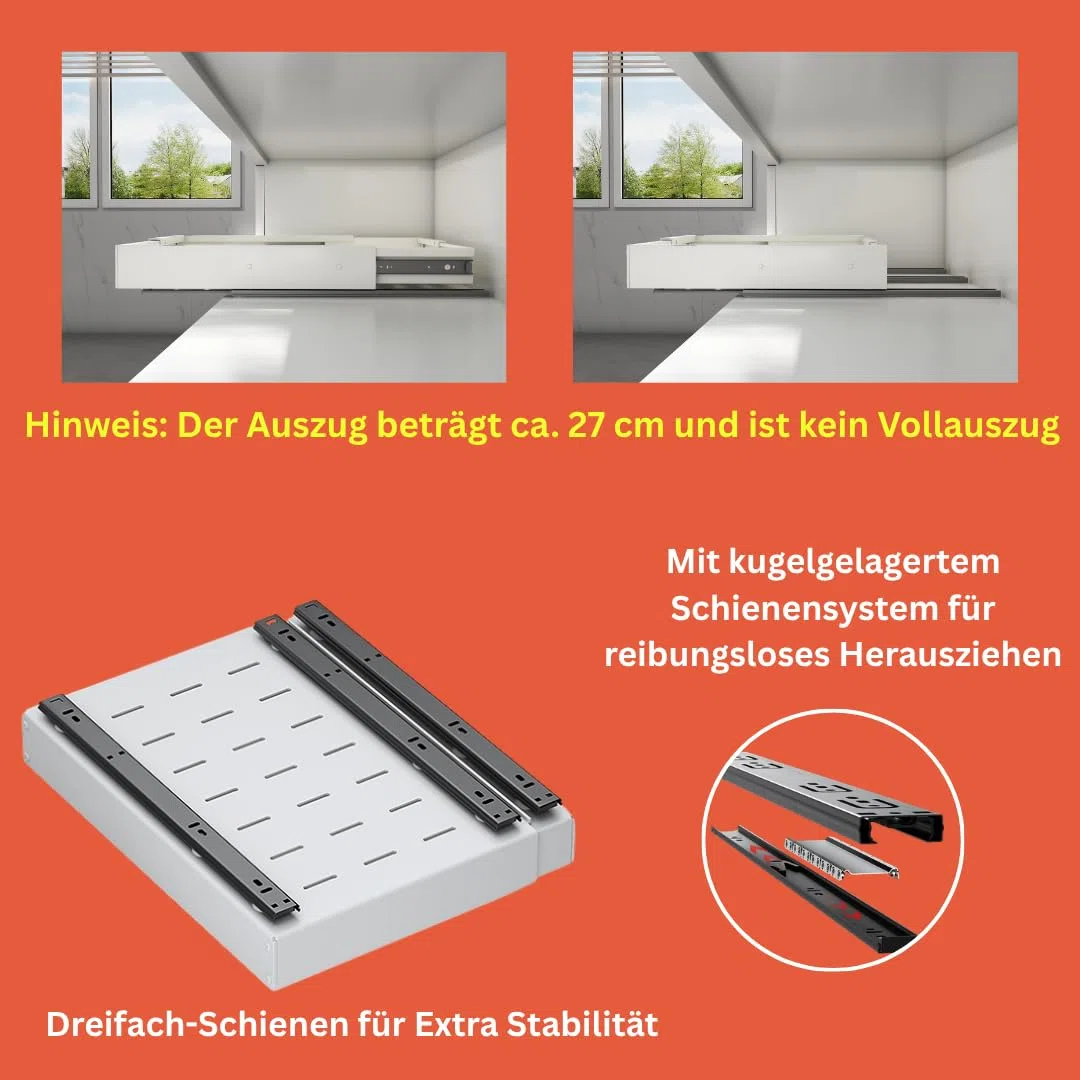 Teleskopschublade Küche 52cm Tief 2er Ausziehschublade Breite 32-50 cm verstellbar Kleben Schrauben Metallschienen