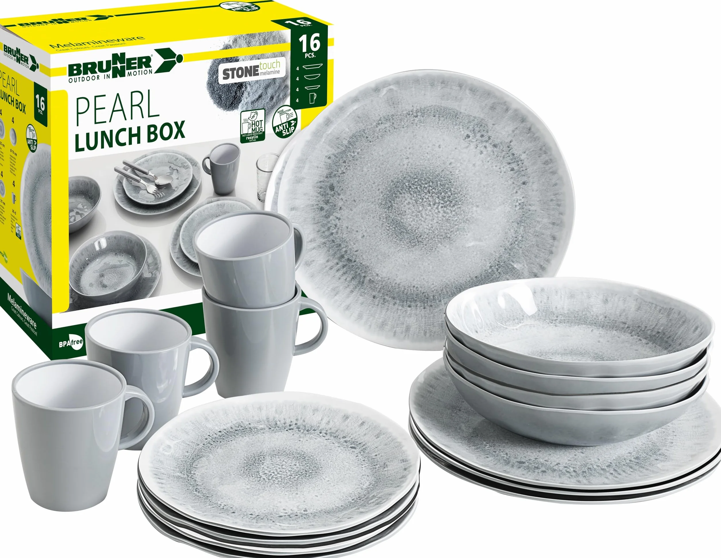 BRUNNER Melamin Essgeschirr Set 16-Teilig Camping Reise Teller Becher Stonetouch Pearl