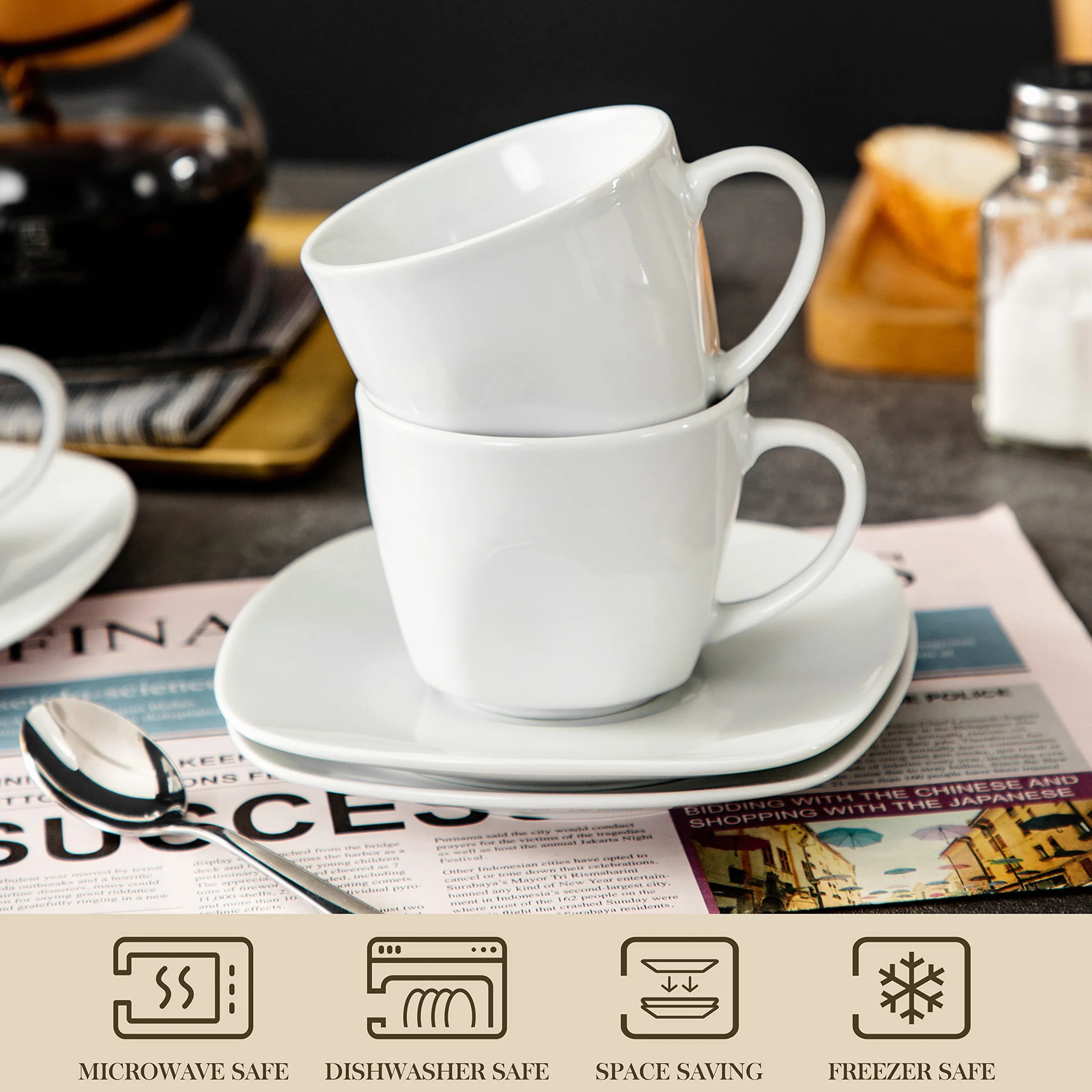 MALACASA, Serie Elisa, 12tlg. Set Cremeweiß Porzellan Kaffeeservice Kaffeebecher Set, Kaffeetassen mit Untertassen für 6 Personen für Kaffee, Tee, Desserts