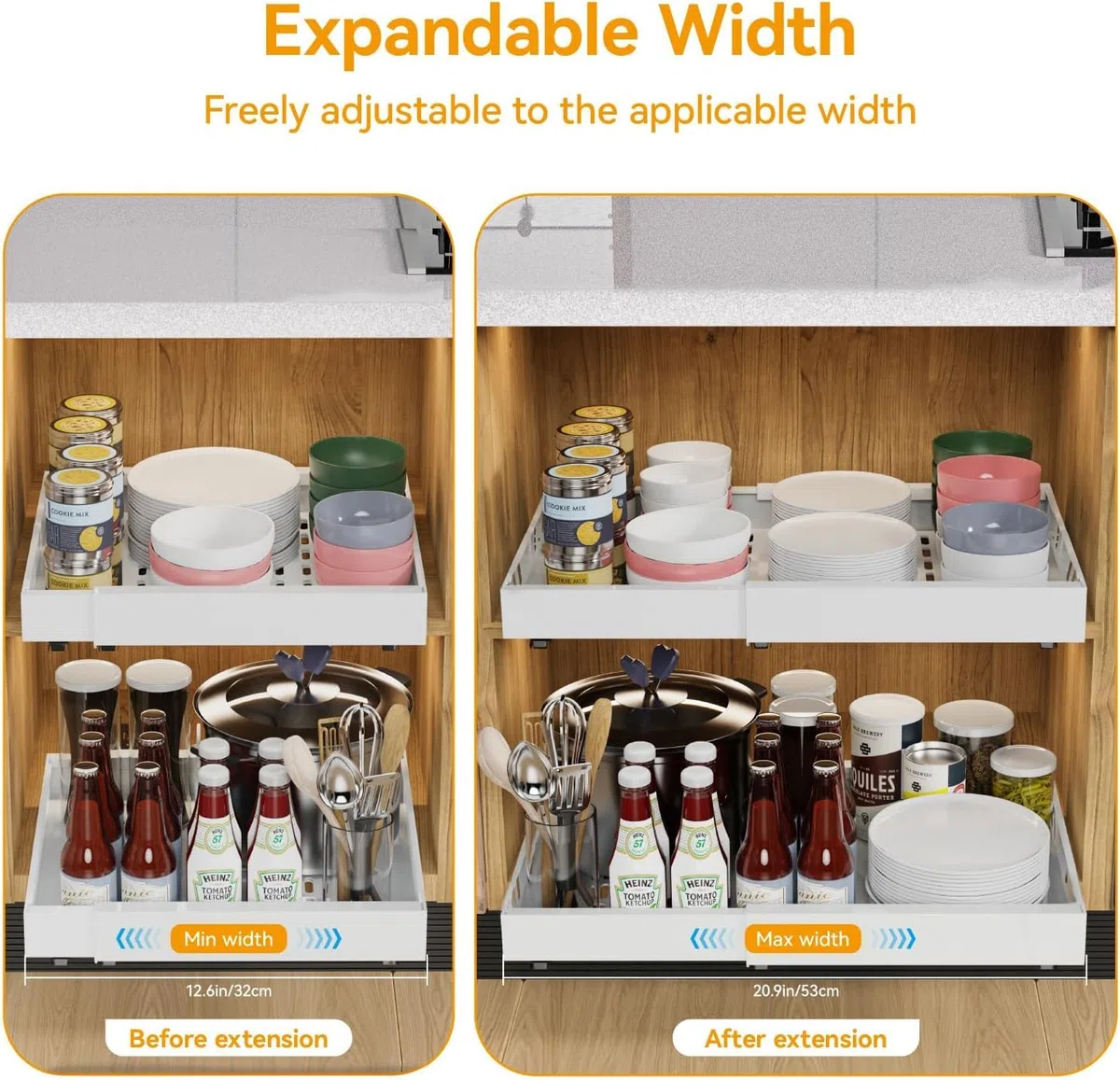 2 Pack erweiterbar ausziehbare schublade küche mit Kleber, ausziehbarer schrank organizer, Stick Slide Out teleskopschublade Cabinet Pull Out für Küche Pantry Organisation Einstellbare Breite 32-53cm