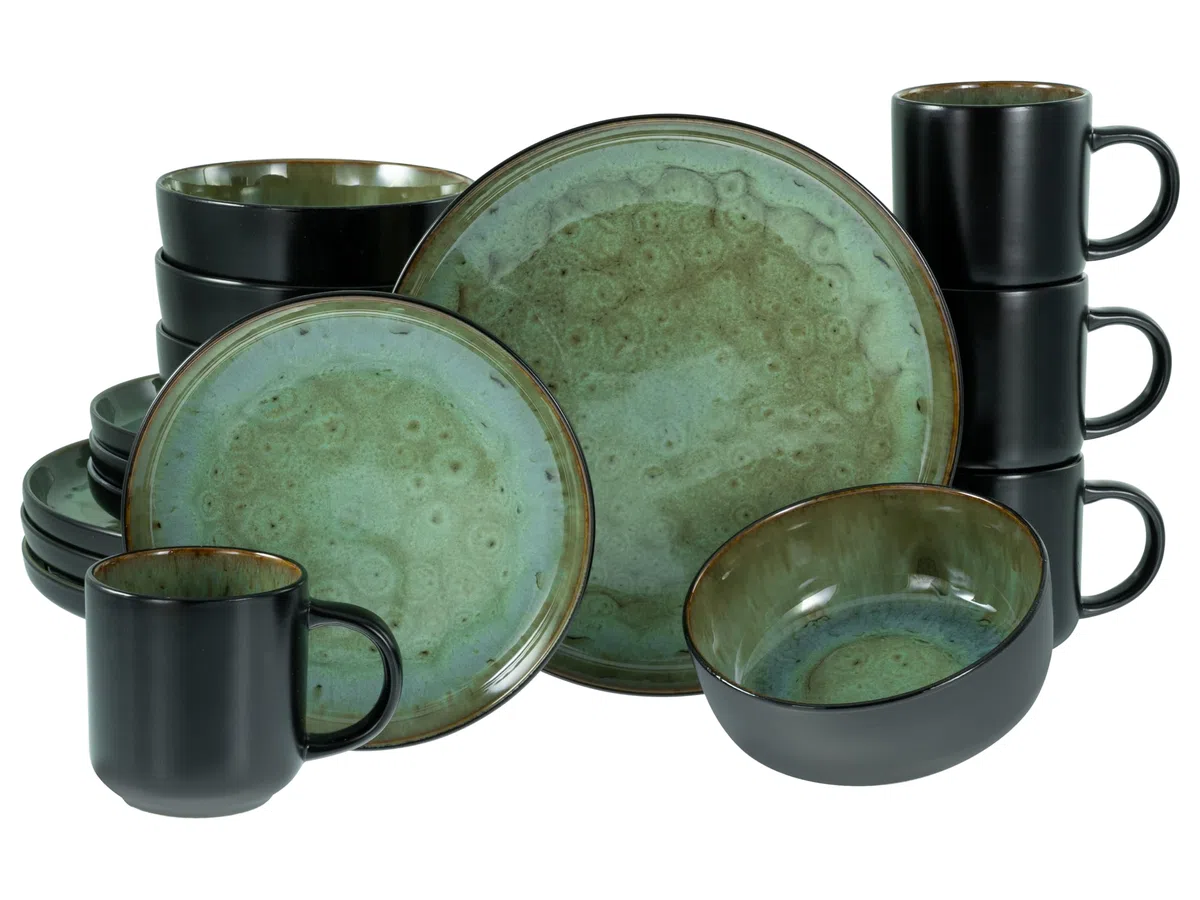 CreaTable, 20166, Serie Nordic Fjord Green, 16-teiliges Geschirrset für 4 Personen, Kombiservice aus Steinzeug, spülmaschinen- und mikrowellengeeignet, Qualitätsproduktion
