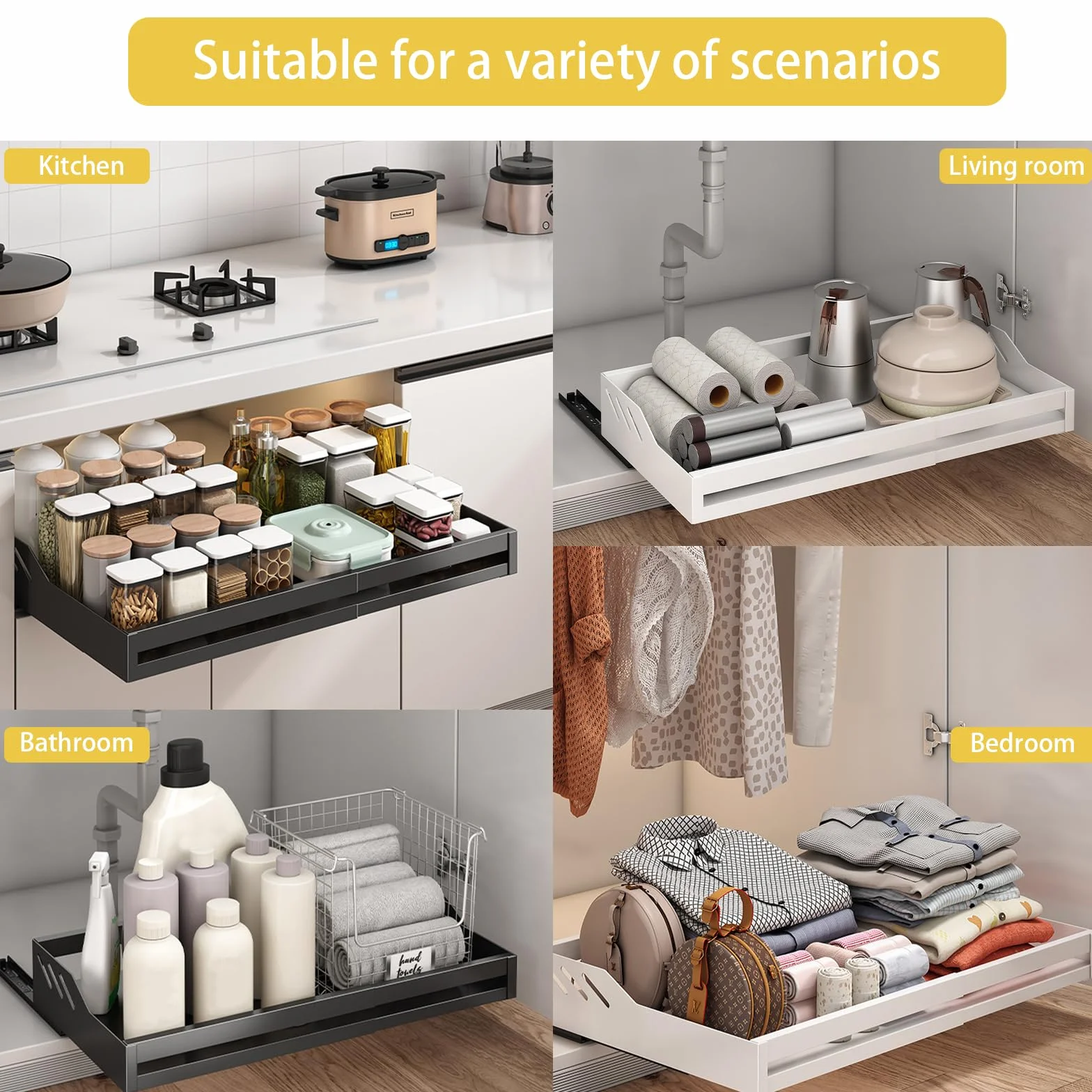 Yawinhe Teleskopschublade,Verstellbare Breite Ausziehbarer Schrank Organizer, Kein Bohren, für Küche, Unterschrank, Badezimmer, Weiß