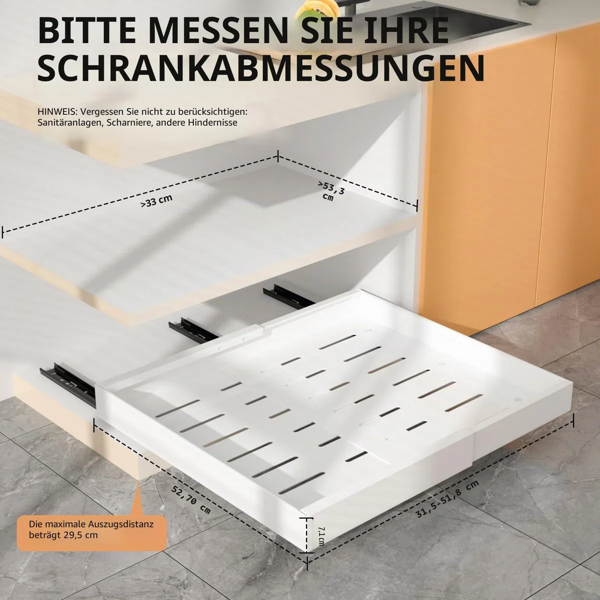 2 Stück erweiterbarer ausziehbarer Schrankorganisator mit Klebefläche, 53 cm tiefe Schubladen für Küchenunterschränke, verstellbare Breite 32 cm-53 cm