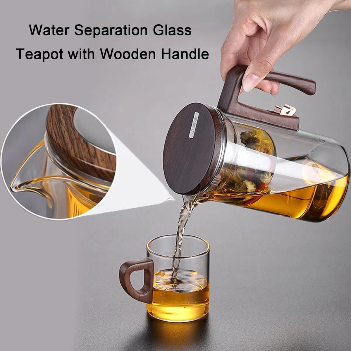 Water Separation Glass Teapot with Wooden Handle, Enchantipot Magic Tea Pot, Magical Teapot Glass with Infuser, Clear Tea Pot with Strainer, Tea Separation Filtration Glass Tea Pot
