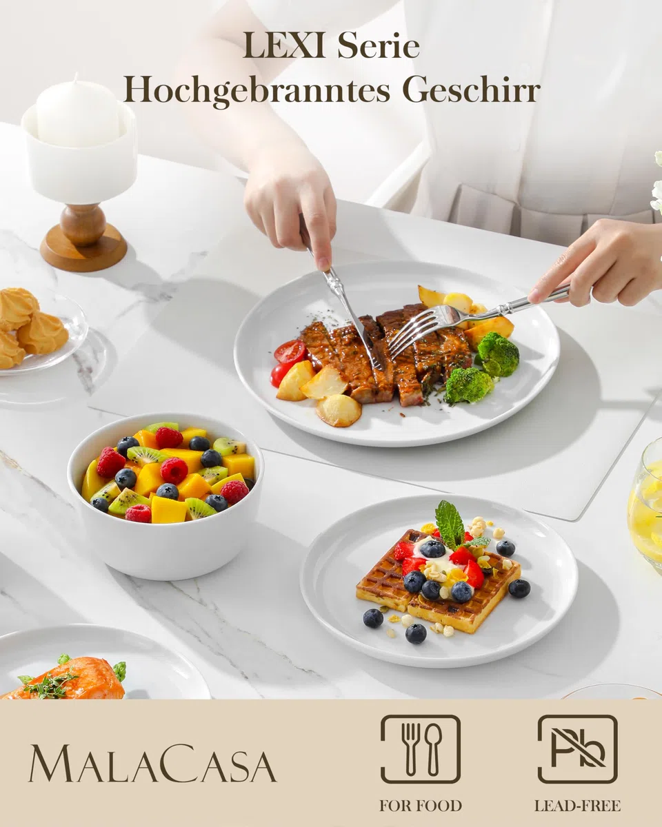MALACASA Geschirrset 18-teilig, Porzellan Schüssel und Teller Set, Tafelservice 6 Personen, Weiße Speiseteller & Schalen, Rundes Essgeschirr Set, Spülmaschinen- & Mikrowellengeeignet, Serie LEXI