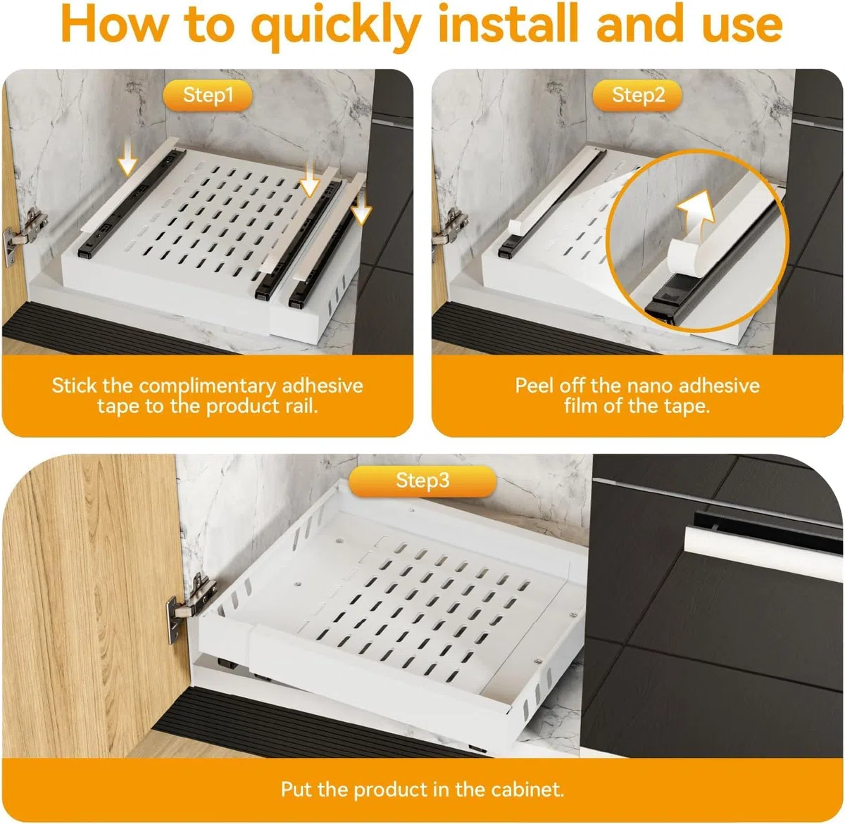 2 Pack erweiterbar ausziehbare schublade küche mit Kleber, ausziehbarer schrank organizer, Stick Slide Out teleskopschublade Cabinet Pull Out für Küche Pantry Organisation Einstellbare Breite 32-53cm
