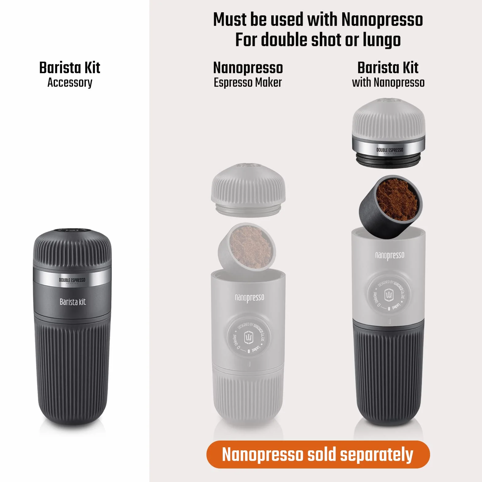 WACACO Nanopresso, tragbare Espressomaschine für gemahlenen Kaffee, mit Barista-Set, manuell bedienbar, grau, ideal für Büro, Reisen und Camping