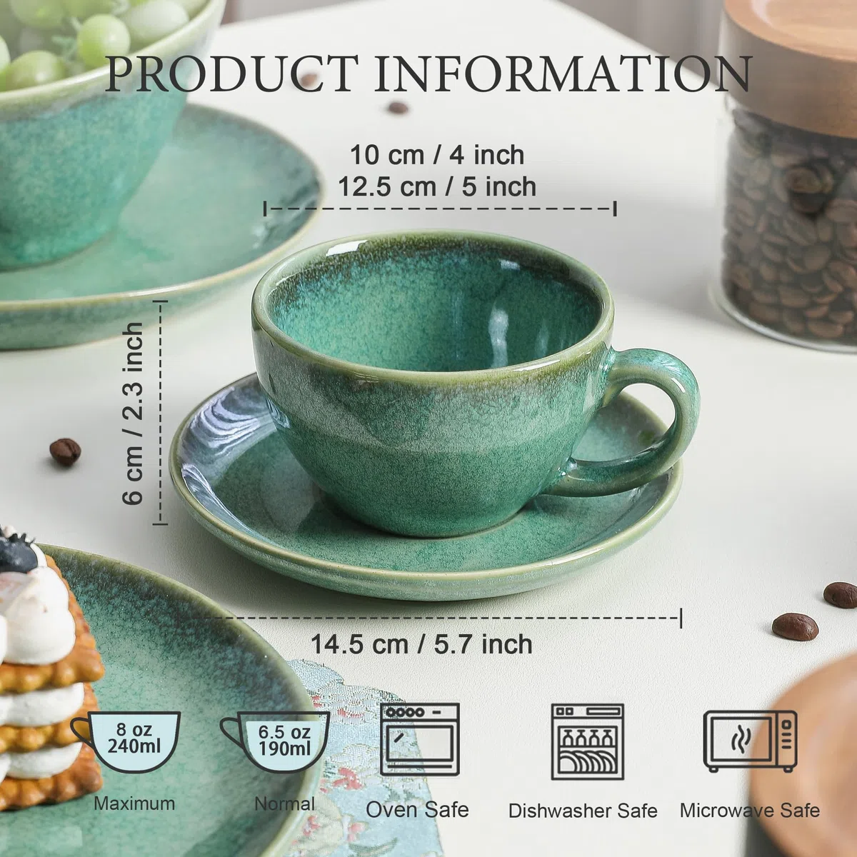 Kaffeeservice Porzellan, Kaffeeset Grün 4er - 240ml, Handmade Kaffeetassen Set für 4 Personen, Beinhaltet Kaffeetassen, Untertassen