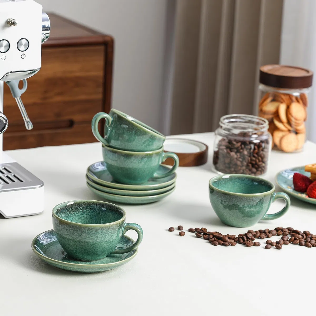 Kaffeeservice Porzellan, Kaffeeset Grün 4er - 240ml, Handmade Kaffeetassen Set für 4 Personen, Beinhaltet Kaffeetassen, Untertassen