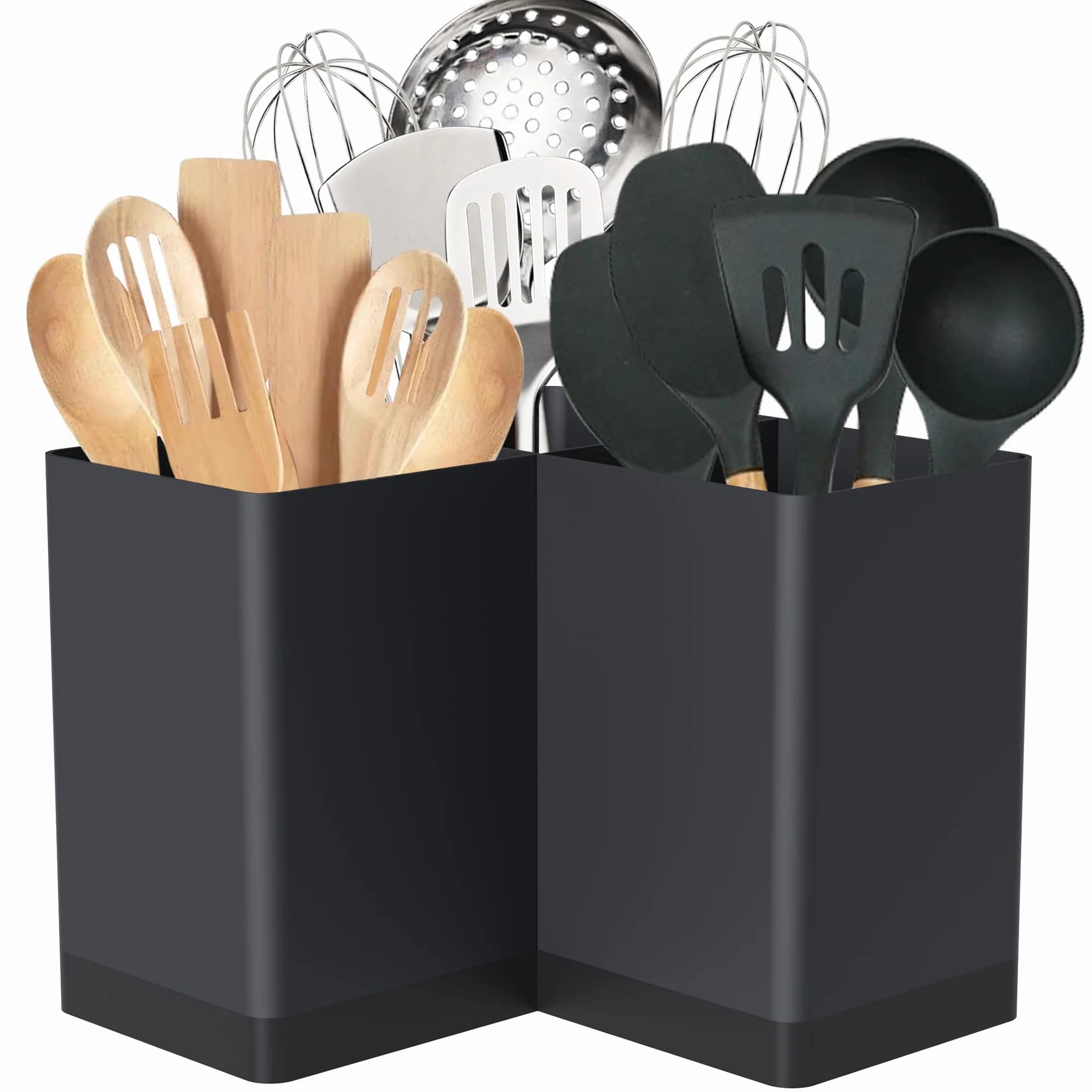 Suli Utensilien-Organizer, Küchen-Caddy für Arbeitsplatte, Ecken, Bauernhaus, rustikale Kochaufbewahrung, 3 Fächer, Schwarz