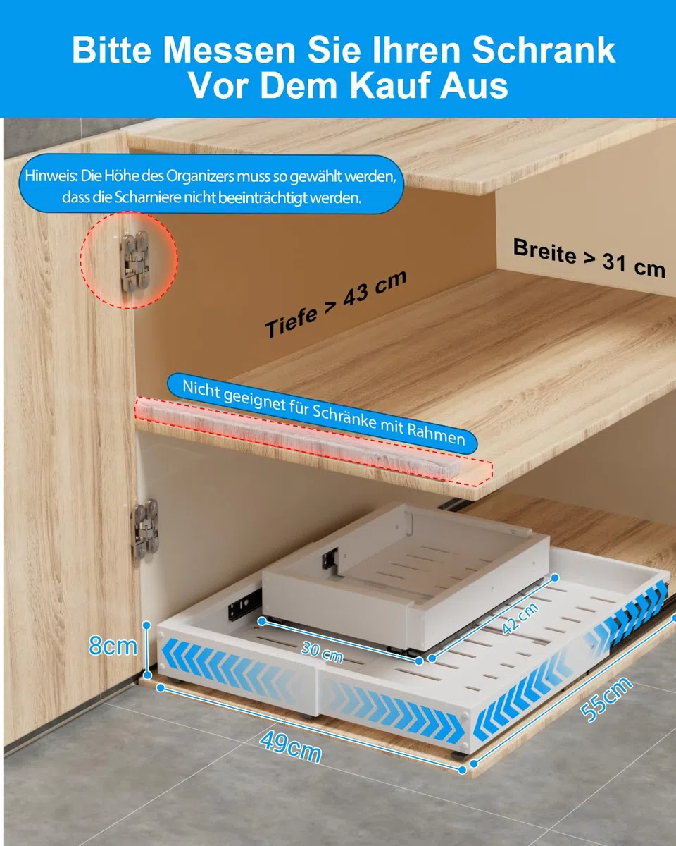2 Stück Ausziehbare Schublade Küche,Metall 4 Richtungen Verstellbare Teleskopschublade,Breite 30-49 cm&Tiefe 42-55 cm,Schraub-/Klebemontage,Küchenschrank Organizer Ausziehbare,Weiß