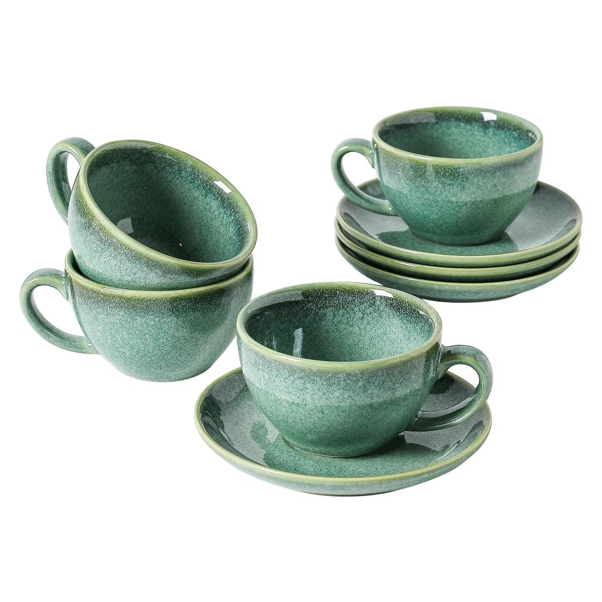 Kaffeeservice Porzellan, Kaffeeset Grün 4er - 240ml, Handmade Kaffeetassen Set für 4 Personen, Beinhaltet Kaffeetassen, Untertassen