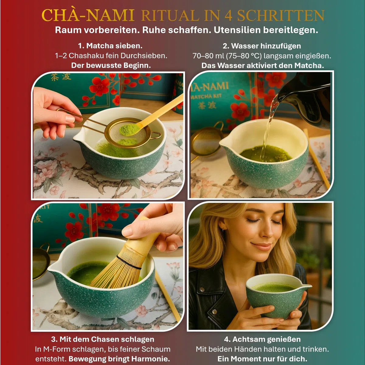 Matcha Set Classic 5-teilig, japanisches Matcha Zubehör Set mit Keramikschale, 100-Borsten-Chasen, Bambuslöffel, Edelstahlsieb und Keramikhalter