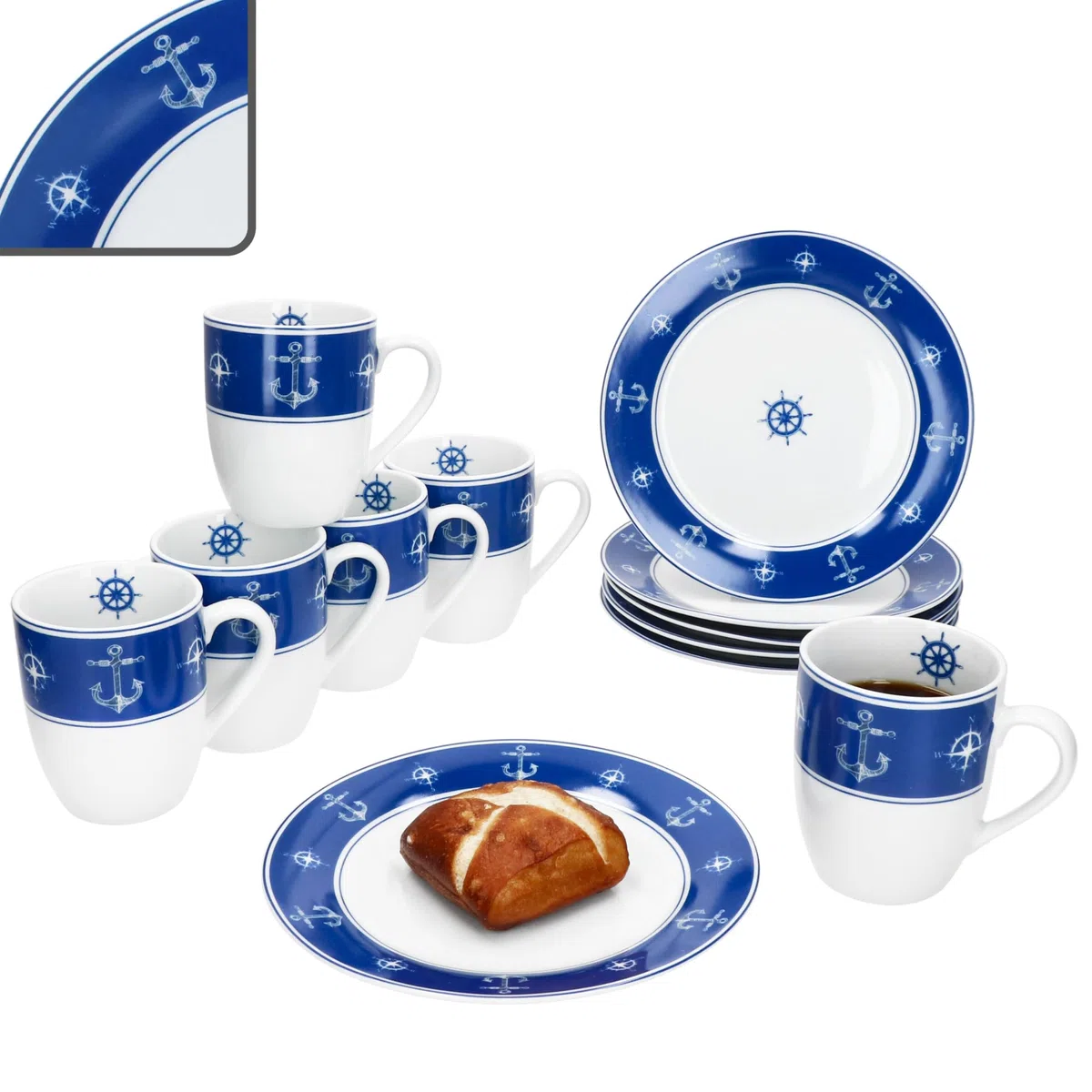 MamboCat Ahoi 12tlg Frühstücksset aus Porzellan I blau-weißes maritimes Design mit Anker & Steuerrad I je 6x Kuchenteller & Kaffeebecher für 6 Personen | Frühstück & Kaffeezeit