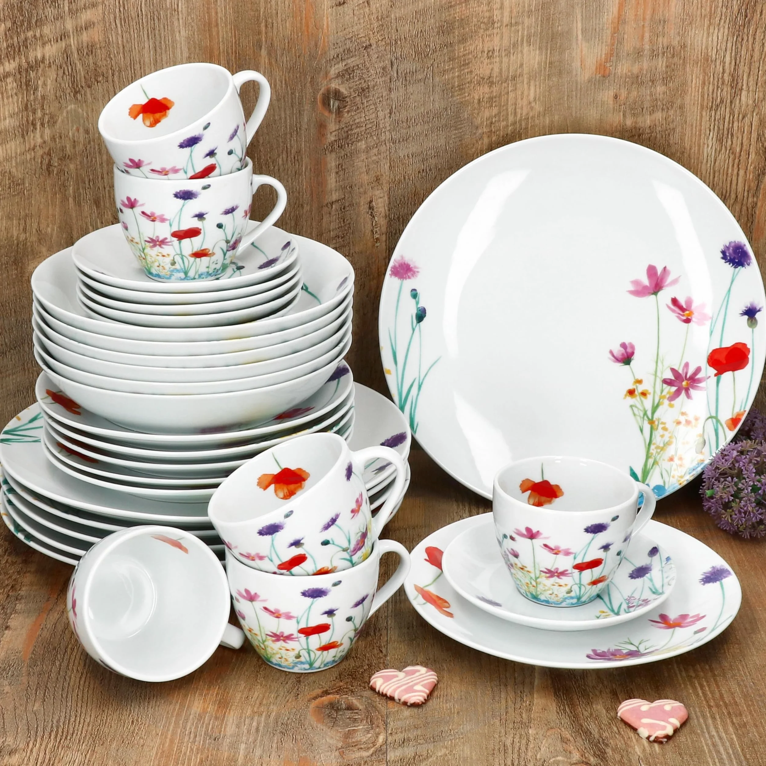MamboCat Marie 30tlg Kombiservice I Porzellan-Geschirrset mit Blumenwiese-Dekor für 6 Personen I Je 6x Tassen, Untertassen, Kuchenteller, Suppenteller & Speiseteller
