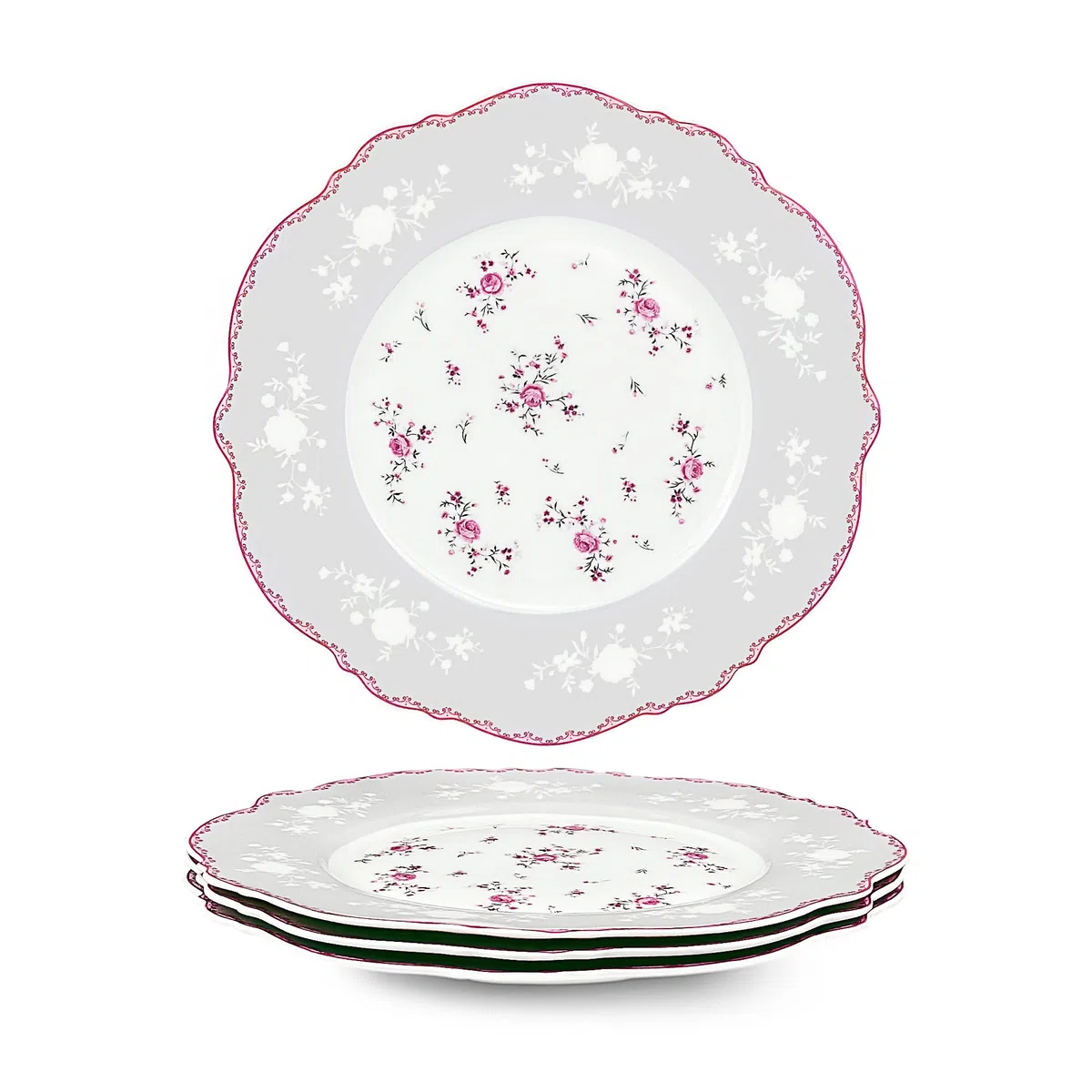 fanquare 4 Stück Dessertteller aus Porzellan Set Ø 208 mm Frühstücksteller mit Goldrand, Rosa Blumen Tafelservice für Weihnachten Geschenk und Haushalt