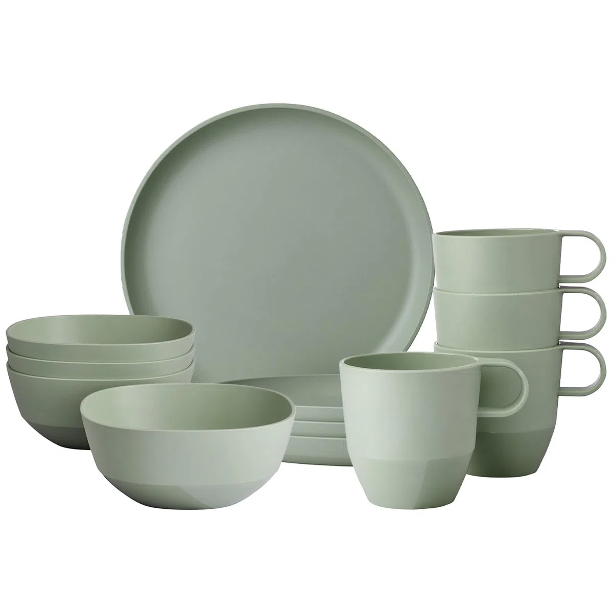 Mepal Frühstücks-Set 12-teilig Silueta Becher (300 ml), Teller (23 cm) und Schalen (750 ml) Outdoor-Geschirr für 4 Personen Spülmaschinen- und mikrowellenfest Kunststoff (PET) Nordic Sage