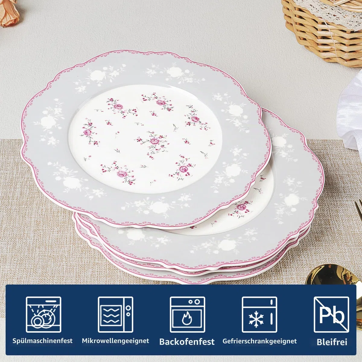 fanquare 4 Stück Dessertteller aus Porzellan Set Ø 208 mm Frühstücksteller mit Goldrand, Rosa Blumen Tafelservice für Weihnachten Geschenk und Haushalt
