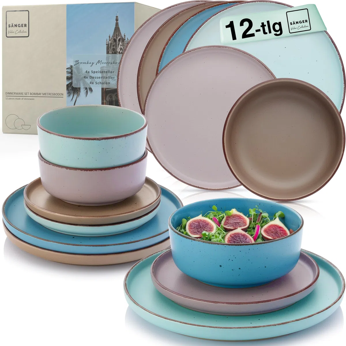 SÄNGER Bombay Meeresboden Geschirrset 12 teilig Steingut 4 Personen Teller Set bunt