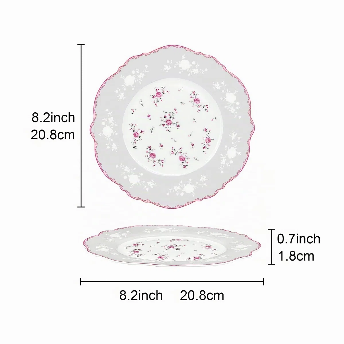 fanquare 4 Stück Dessertteller aus Porzellan Set Ø 208 mm Frühstücksteller mit Goldrand, Rosa Blumen Tafelservice für Weihnachten Geschenk und Haushalt
