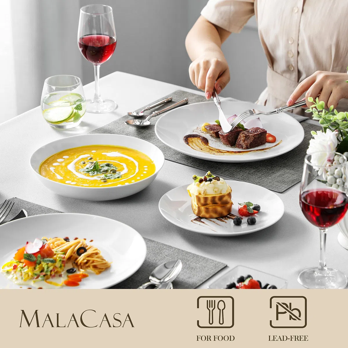 MALACASA Geschirrset 6-12 Personen, Amelia 18-tlg Modernes Porzellan Geschirr Set, Tafelservice mit je 6 Speiseteller, Dessertteller, Suppenteller Teller Set 6 Personen - Weiß