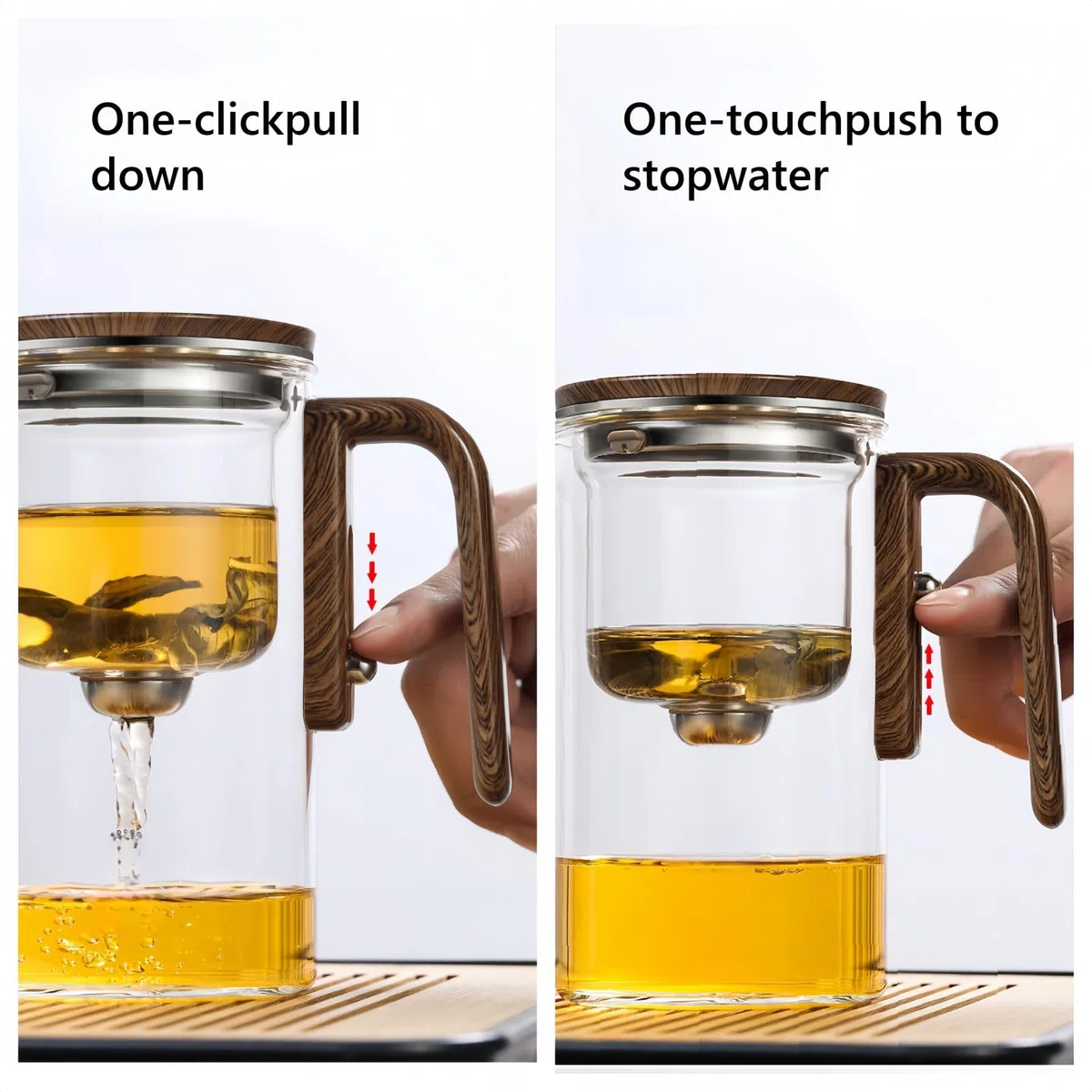 Wasserabscheidende Teekanne aus Glas mit Holzgriff, Teekanne aus Glas mit Sieb und Druckknopf, Teekanne aus klarem Glas, für blühenden Tee und losen Tee(500ml/17oz,700/24oz) (500ML)
