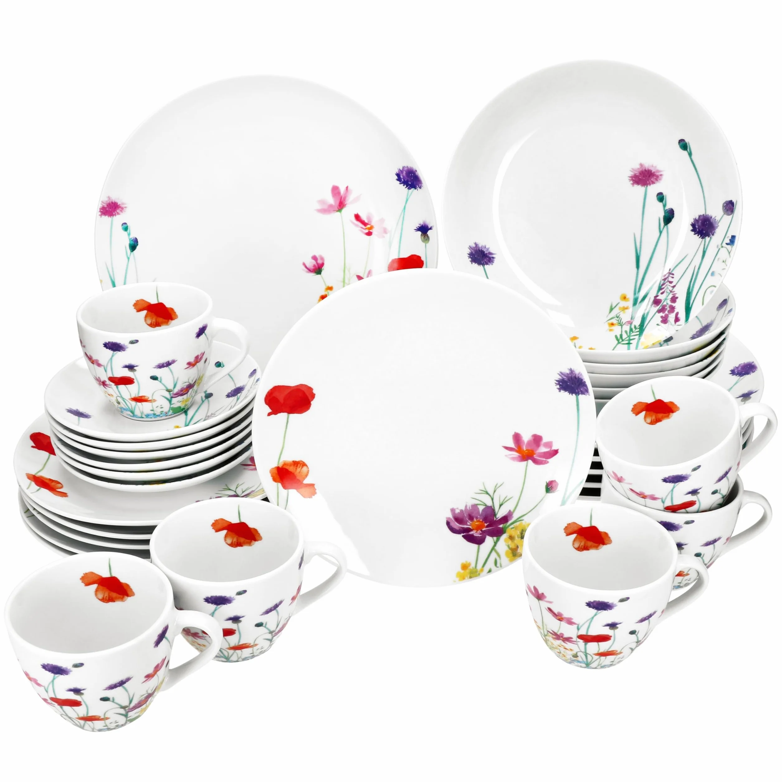 MamboCat Marie 30tlg Kombiservice I Porzellan-Geschirrset mit Blumenwiese-Dekor für 6 Personen I Je 6x Tassen, Untertassen, Kuchenteller, Suppenteller & Speiseteller