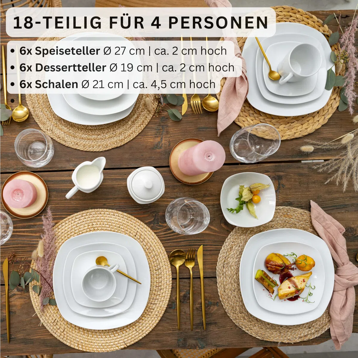 SÄNGER | Tafelservice Bilgola Weiß, 18-teiliges Geschirrset für 6 Personen mit Suppen-, Dessert-, & flachen Tellern aus Porzellan | PREMIUM COLLECTION