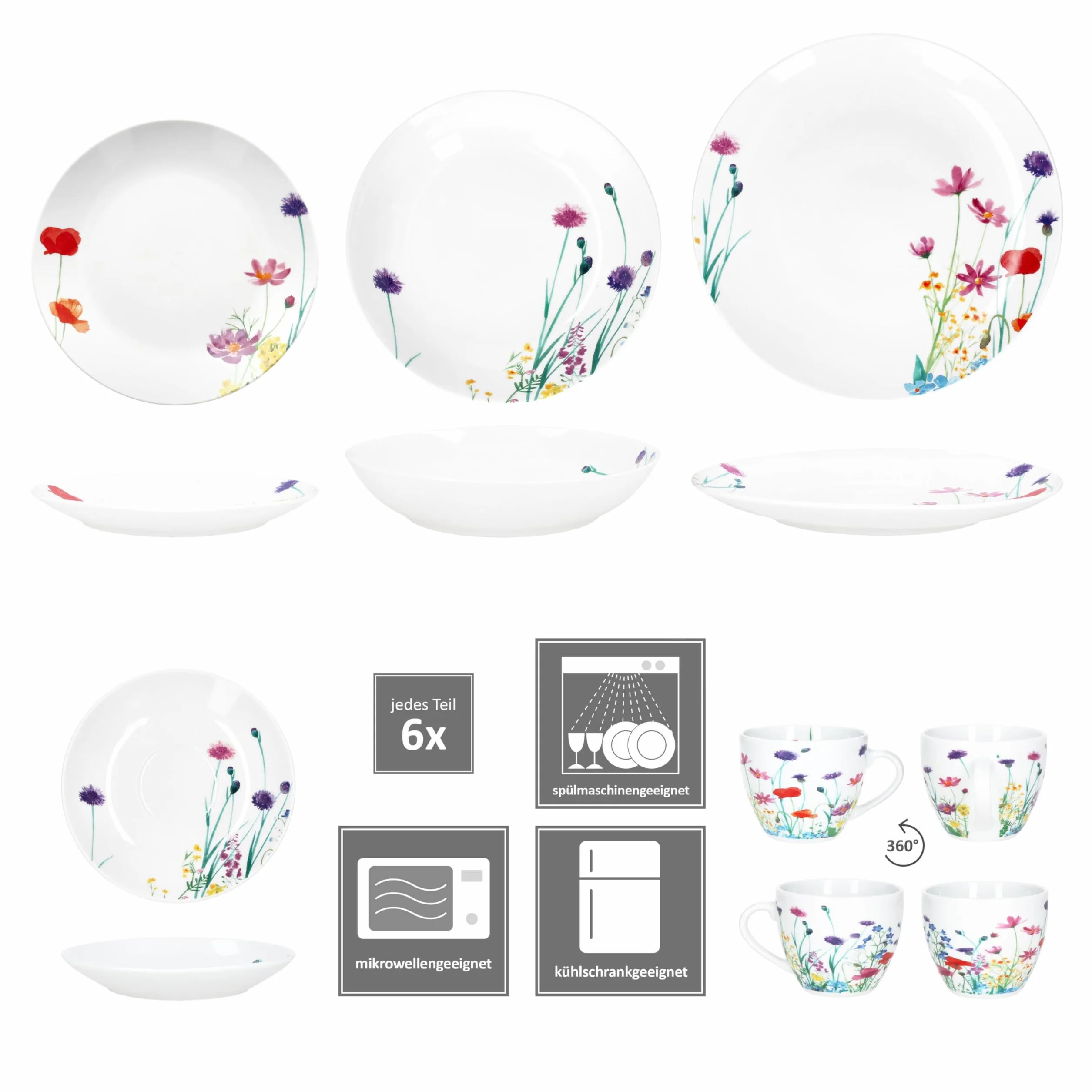 MamboCat Marie 30tlg Kombiservice I Porzellan-Geschirrset mit Blumenwiese-Dekor für 6 Personen I Je 6x Tassen, Untertassen, Kuchenteller, Suppenteller & Speiseteller