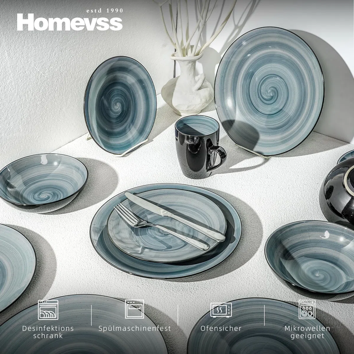 HomeVss Sonoma 16-teiliges Steingut-Essgeschirr-Set, außen schwarz mit schwarzen Sprenkeln (Blau)