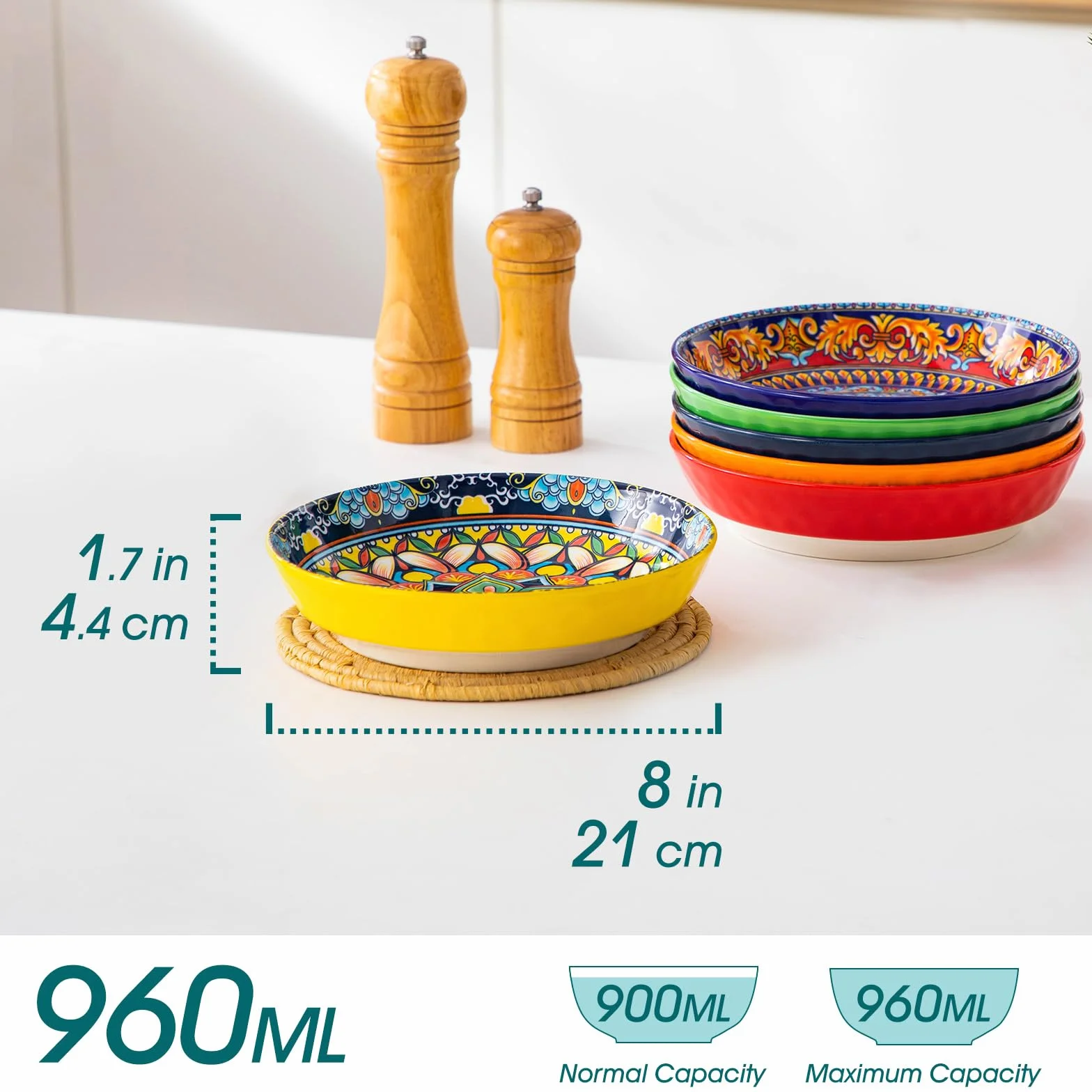 vancasso Suppenteller 6er Set, Pastateller KRVI Tiefe Teller Set, Pasta Teller Tief Groß, Buntes Tiefteller Set Ø 21cm, 960ml Suppenschüssel für Suppe, Müsli, Pasta, Salat, Spülmaschine Mikrowellen