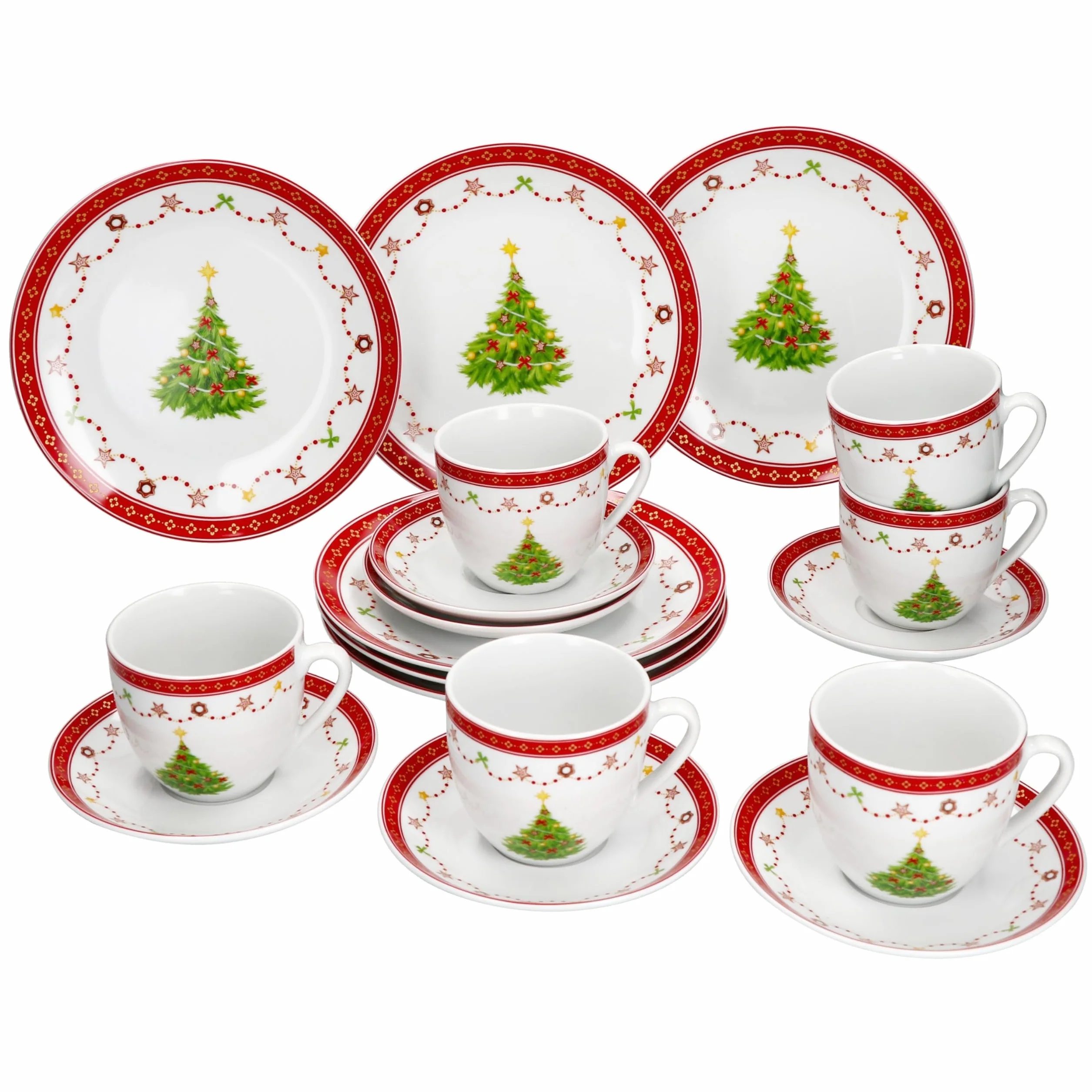 MamboCat Weihnachtstraum 18tlg Kaffeeservice I Porzellan-Kaffeeset für 6 Personen mit Weihnachtsdekor I Je 6X Kaffeetassen 190ml, Untertassen & Kuchenteller I Geschirr für Weihnachten & Nikolaus