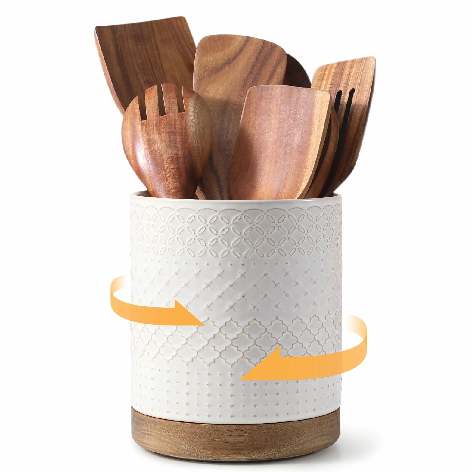 DOWAN Utensilienhalter Küche Drehbar, Küchenutensilienhalter Keramik, Behälter Für Küchenutensilien, Küchenutensilien Aufbewahrung Beige mit Relief, Utensilienbehälter Groß für Kochlöffel
