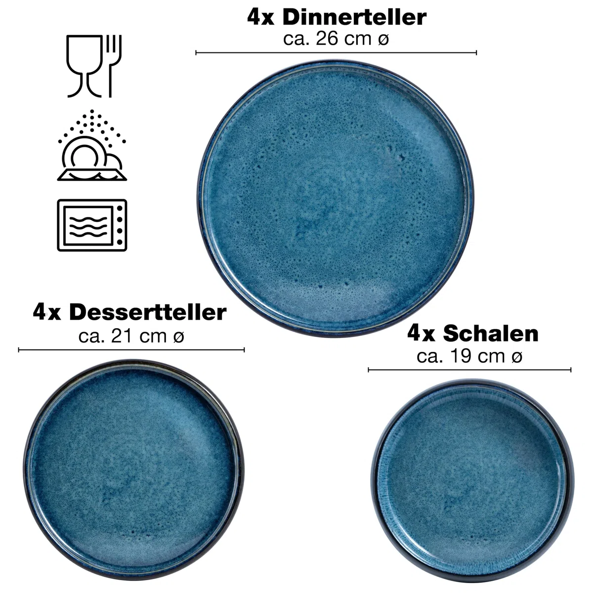 Moritz & Moritz SOLID Steinzeug Geschirrset 4 Personen, 12-tlg. Geschirr Set in Blau, Schüssel- und Teller Set aus besonders robustem Steinzeug, Kombiservice Tafelservice 4 Personen