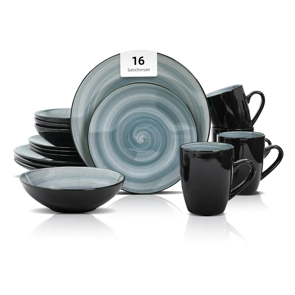 HomeVss Sonoma 16-teiliges Steingut-Essgeschirr-Set, außen schwarz mit schwarzen Sprenkeln (Blau)