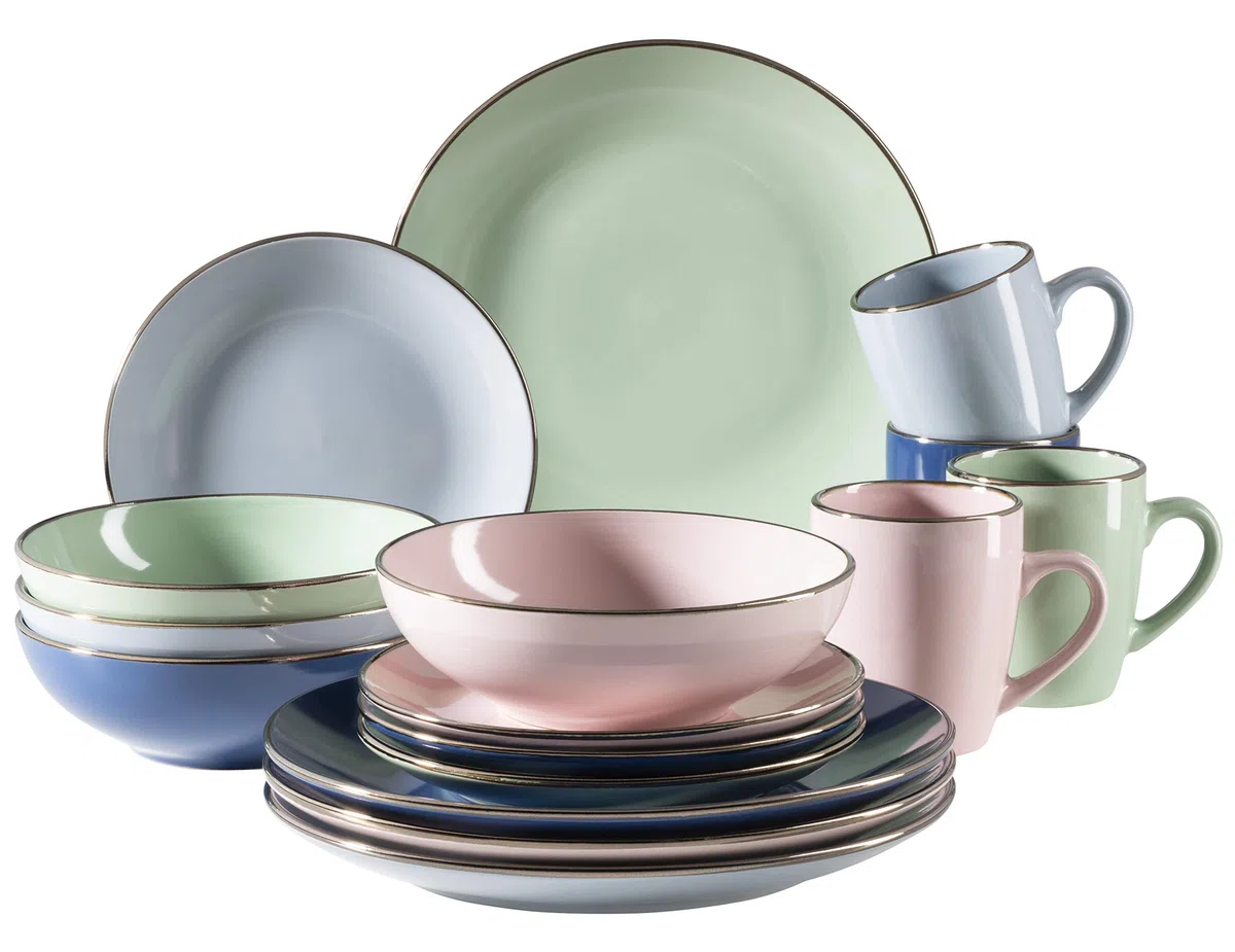 MÄSER 931870 Metallic Rim, Modernes Geschirr Set für 4 Personen mit messingfarbenem Rand, 16-teiliges Kombiservice mit randlosen Coupe-Formen, bunt, Steinzeug, pastell'n'blue
