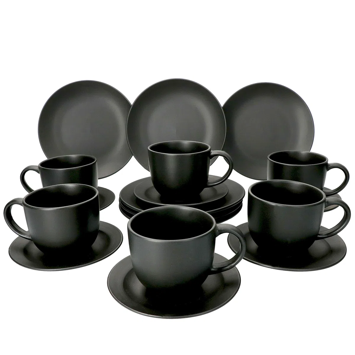 MamboCat 18-teiliges Kaffee-Service Lampart Nero I modernes Steingut-Geschirr-Set für 6 Personen - im modernen Ethno-Stil I Tassen Unterteller Kuchenteller I Kaffeeservice 6 Personen Schwarz matt