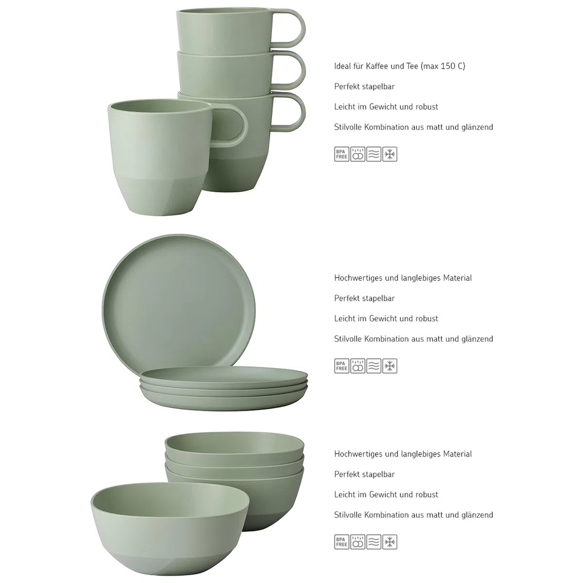 Mepal Frühstücks-Set 12-teilig Silueta Becher (300 ml), Teller (23 cm) und Schalen (750 ml) Outdoor-Geschirr für 4 Personen Spülmaschinen- und mikrowellenfest Kunststoff (PET) Nordic Sage