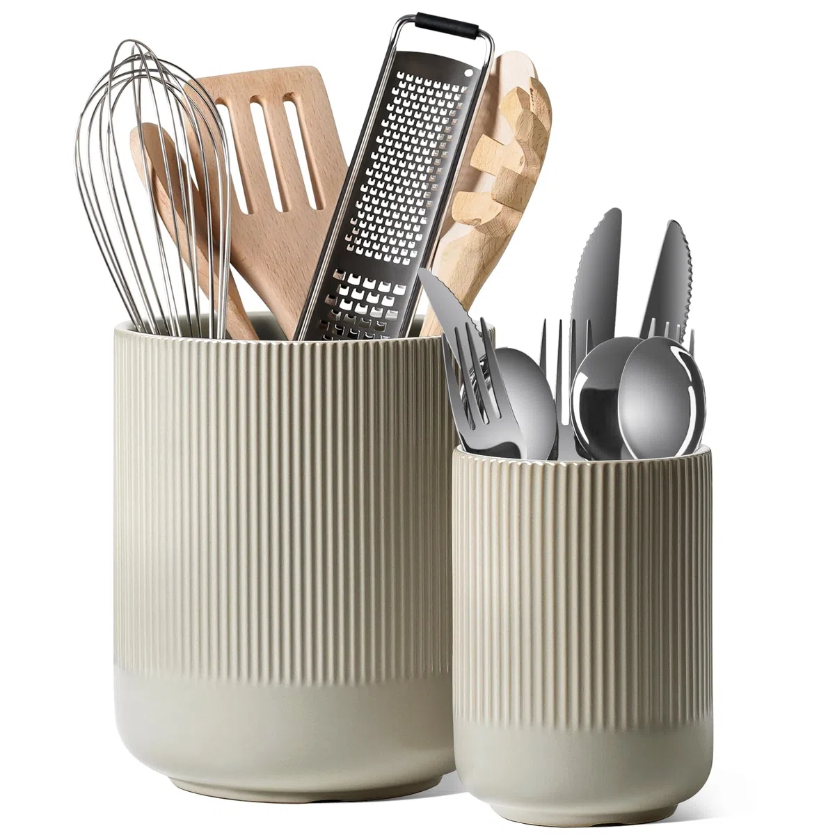 LE TAUCI Küchenutensilienhalter, 18,5+14 cm Keramik Utensilienhalter Küche, Große Küchenhelfer-Halter für die Küchenplatte, Moderner Organizer für Pfannenwender, 2er-Set, Natur-Greige