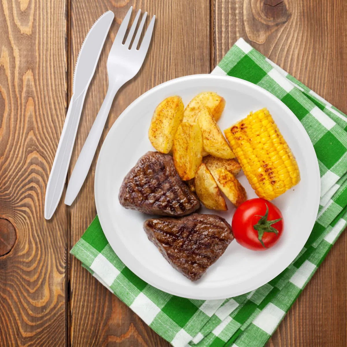 Umweltfreundliche Pappteller, Servietten, Becher und wiederverwendbares Besteck-Set, Geschirr, Essgeschirr-Set für Abendessen, Picknick, Camping, Party, Grillen, 400 Stück