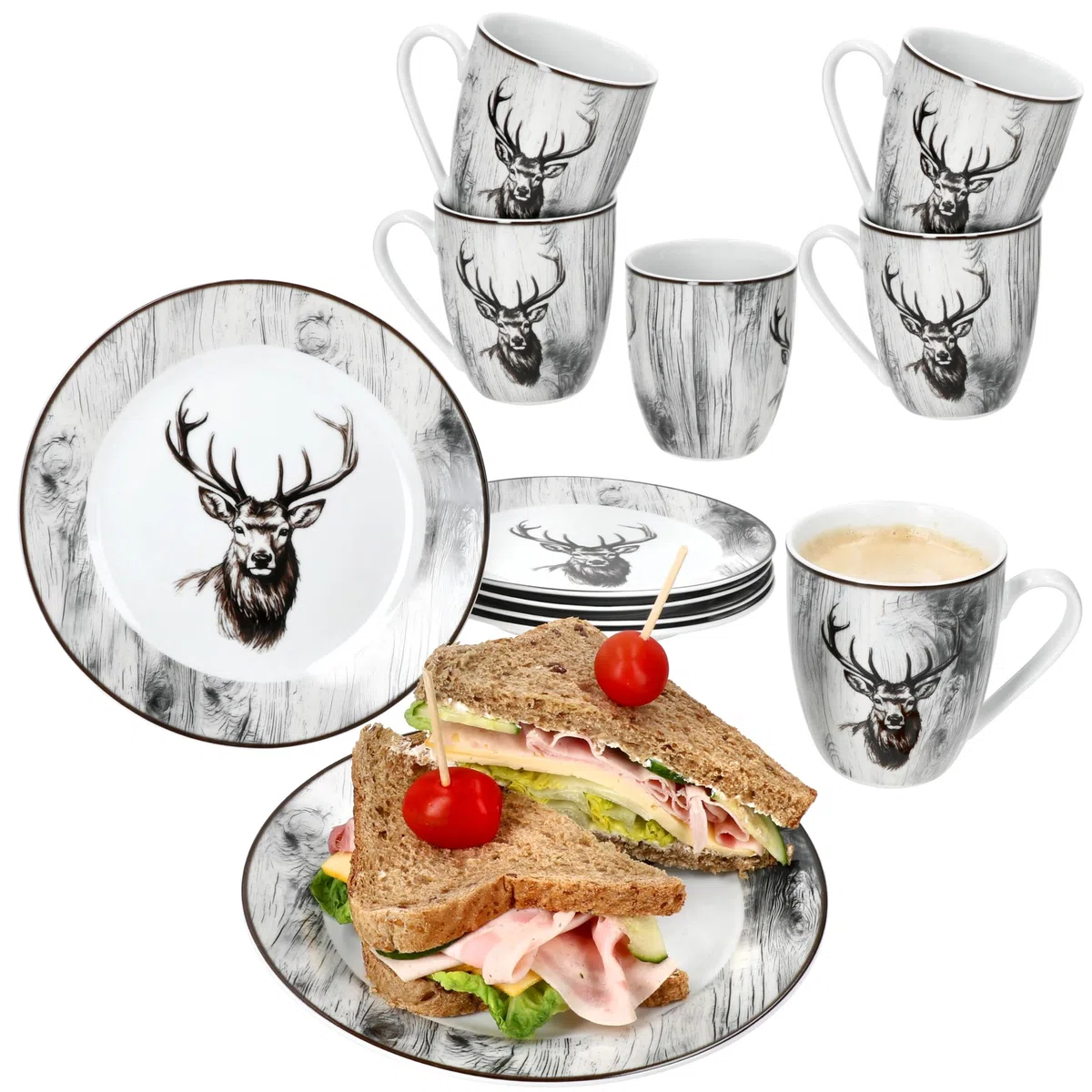 MamboCat Alois 12tlg Frühstücksset I je 6x Frühstücksteller & Kaffeebecher 350 ml aus Porzellan I 6 Personen I Holz-Optik & Hirschmotiv in Schwarz-Weiß I für Frühstück & Kaffee