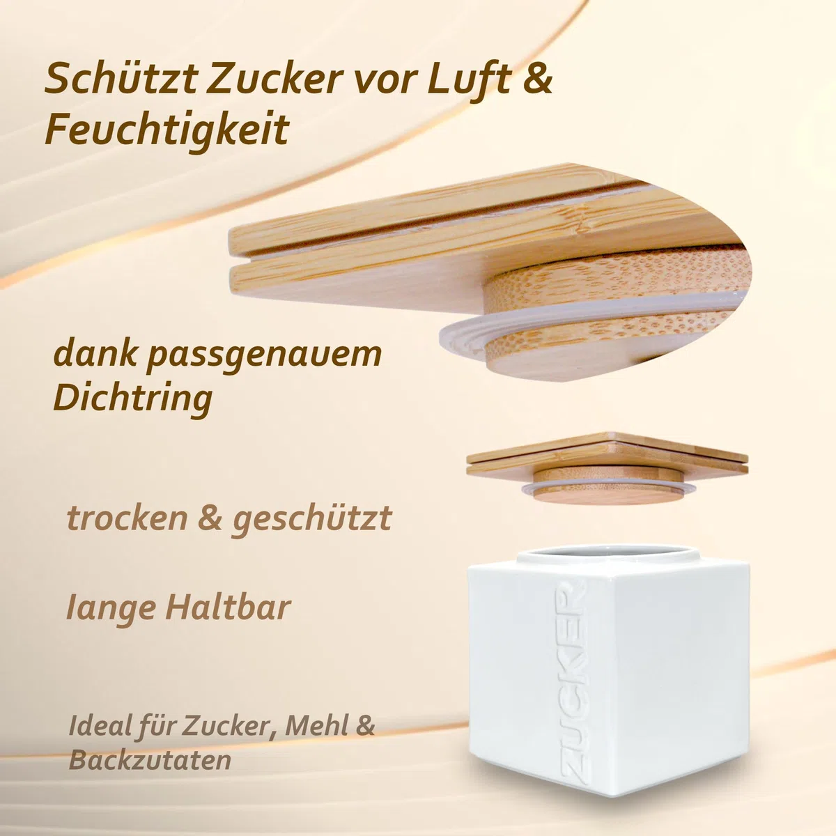 Zuckerdose luftdicht 1kg – Keramik Zuckerbehälter inkl. Bambus Messlöffel - Bambusdeckel für lange Haltbarkeit - eckig & platzsparend stapelbar - Weiß & Anthrazit