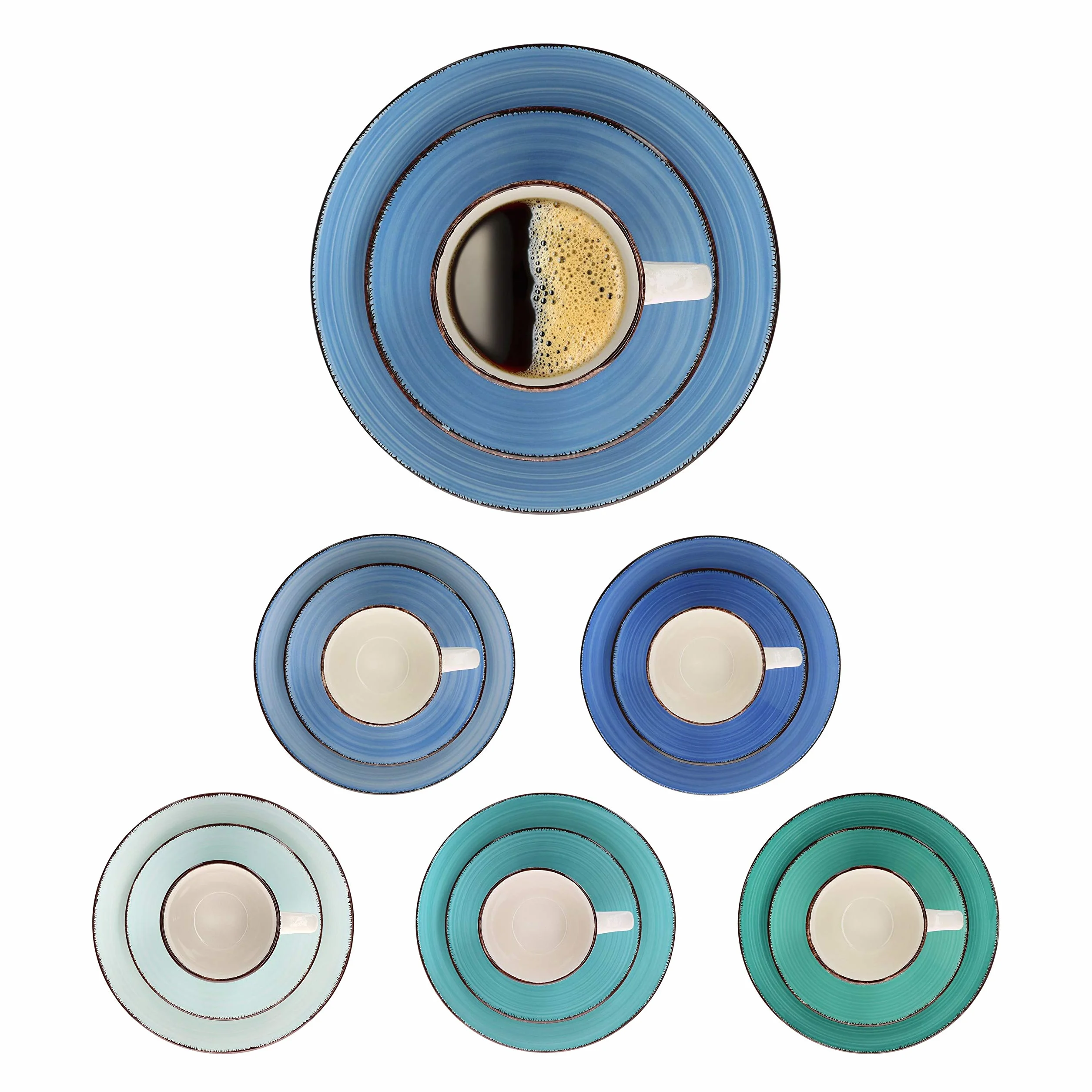 MamboCat 18-Teiliges Kaffee-Service Blue Curacao - Geschirr-Set für 6 Personen, Handbemalt - Steingut Mit Tassen, Unterteller, Kuchenteller - Buntes Set