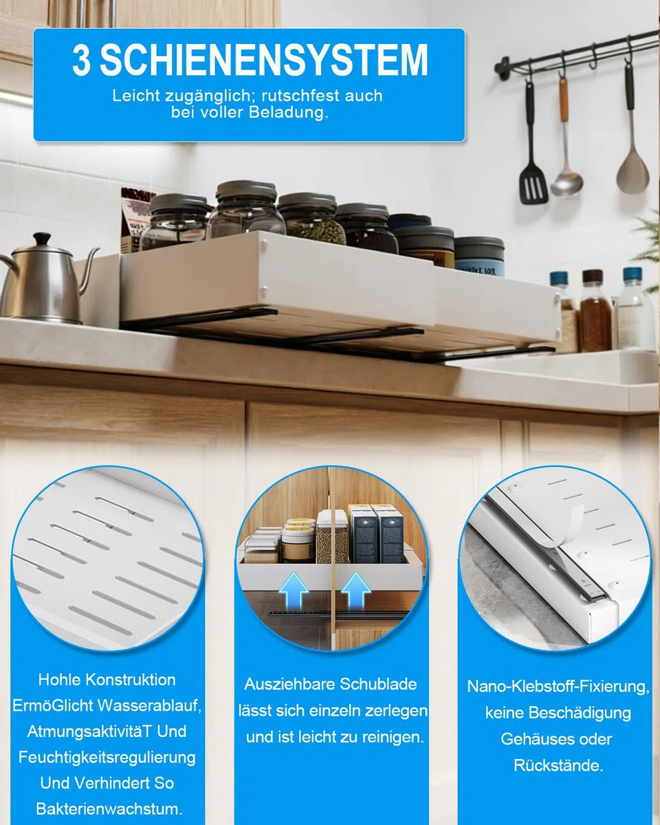 2 Stück Ausziehbare Schublade Küche,Metall 4 Richtungen Verstellbare Teleskopschublade,Breite 30-49 cm&Tiefe 42-55 cm,Schraub-/Klebemontage,Küchenschrank Organizer Ausziehbare,Weiß