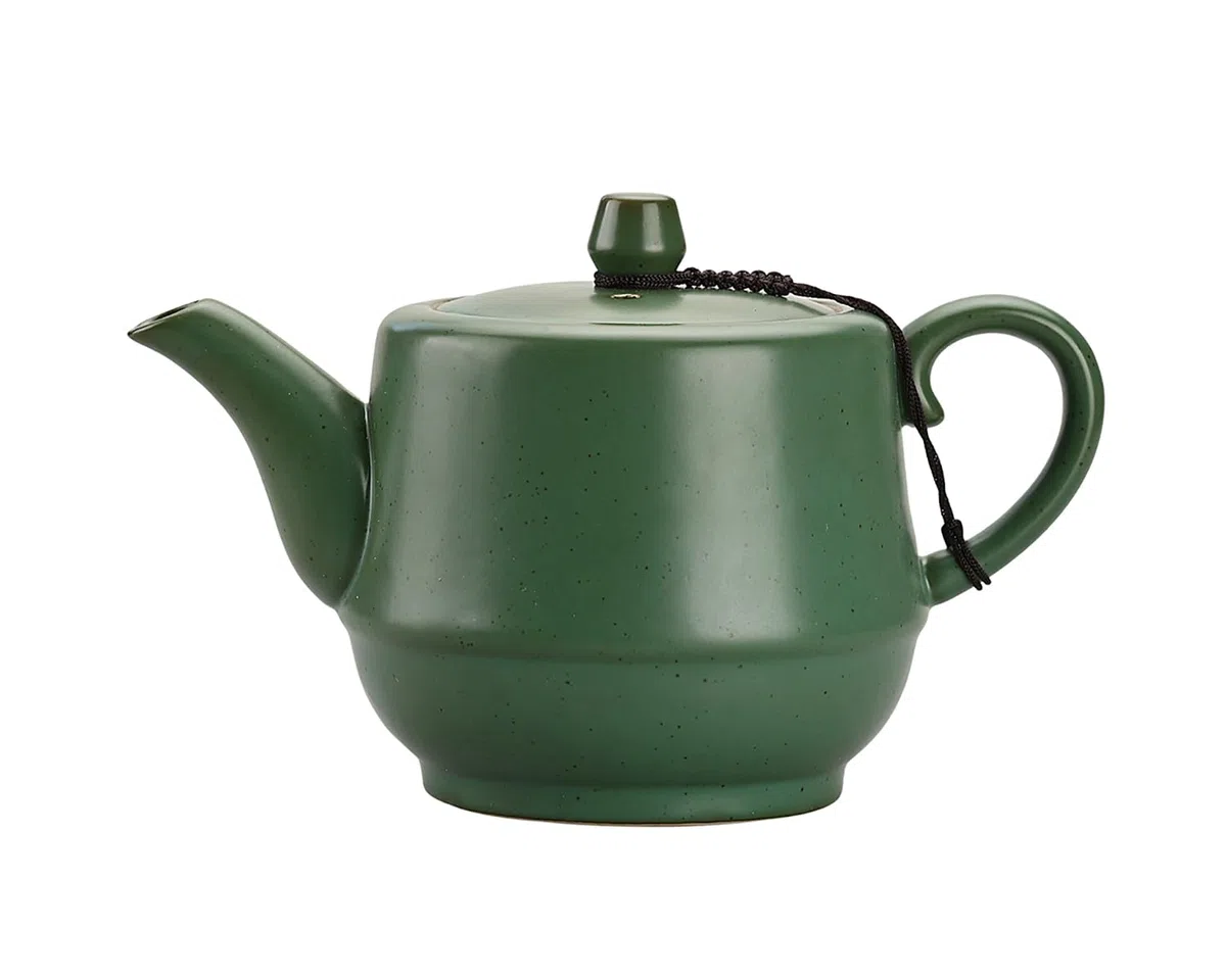 Keramik-Teekanne im ländlichen Stil mit Edelstahl-Teesieb, 473 ml, Porzellan-Teekanne mit blühenden und losen Blättern (grün)