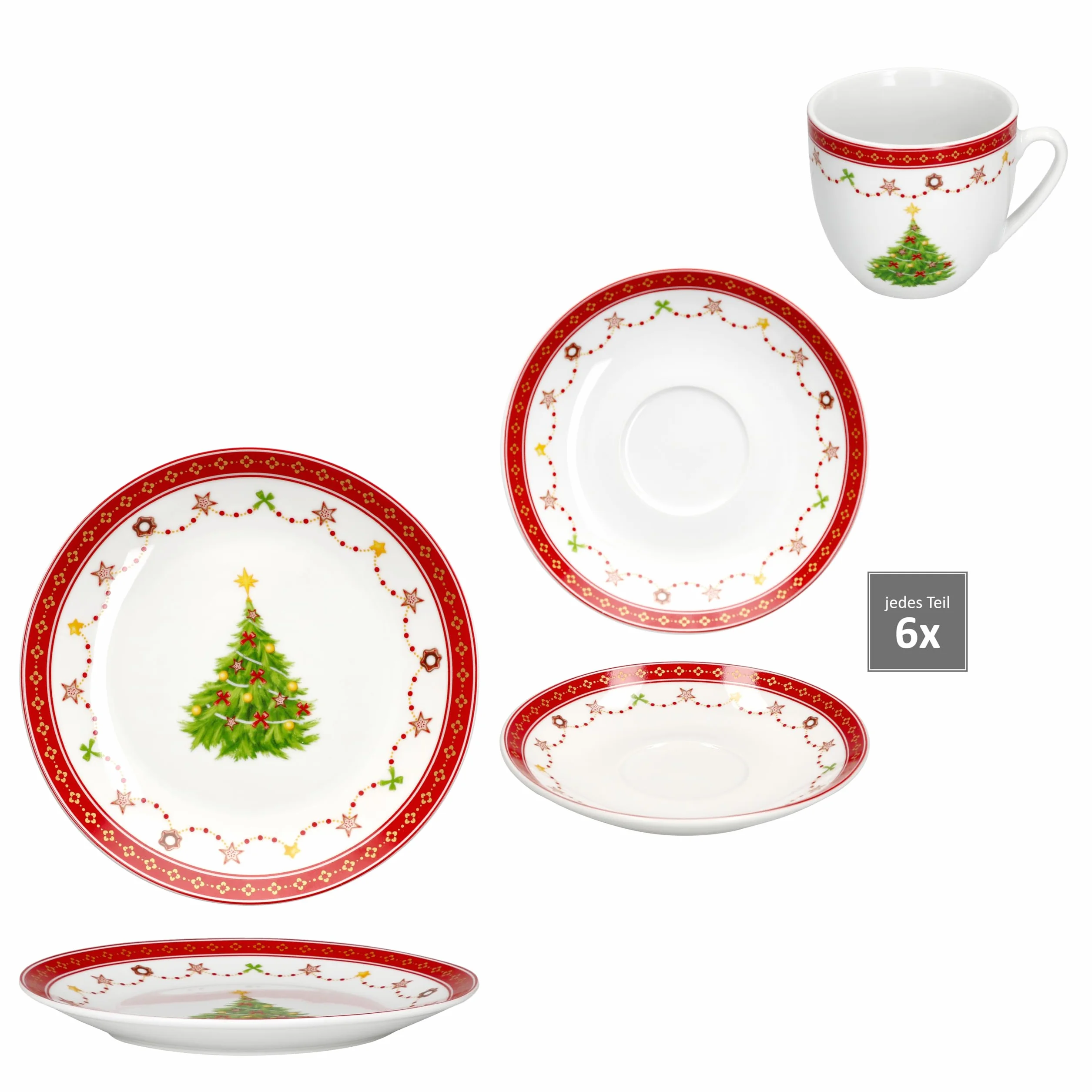 MamboCat Weihnachtstraum 18tlg Kaffeeservice I Porzellan-Kaffeeset für 6 Personen mit Weihnachtsdekor I Je 6X Kaffeetassen 190ml, Untertassen & Kuchenteller I Geschirr für Weihnachten & Nikolaus