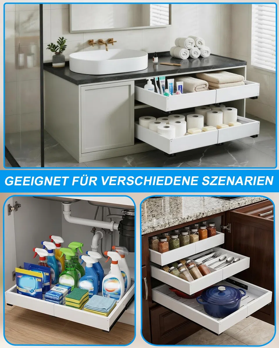2 Stück Ausziehbare Schublade Küche,Metall 4 Richtungen Verstellbare Teleskopschublade,Breite 30-49 cm&Tiefe 42-55 cm,Schraub-/Klebemontage,Küchenschrank Organizer Ausziehbare,Weiß