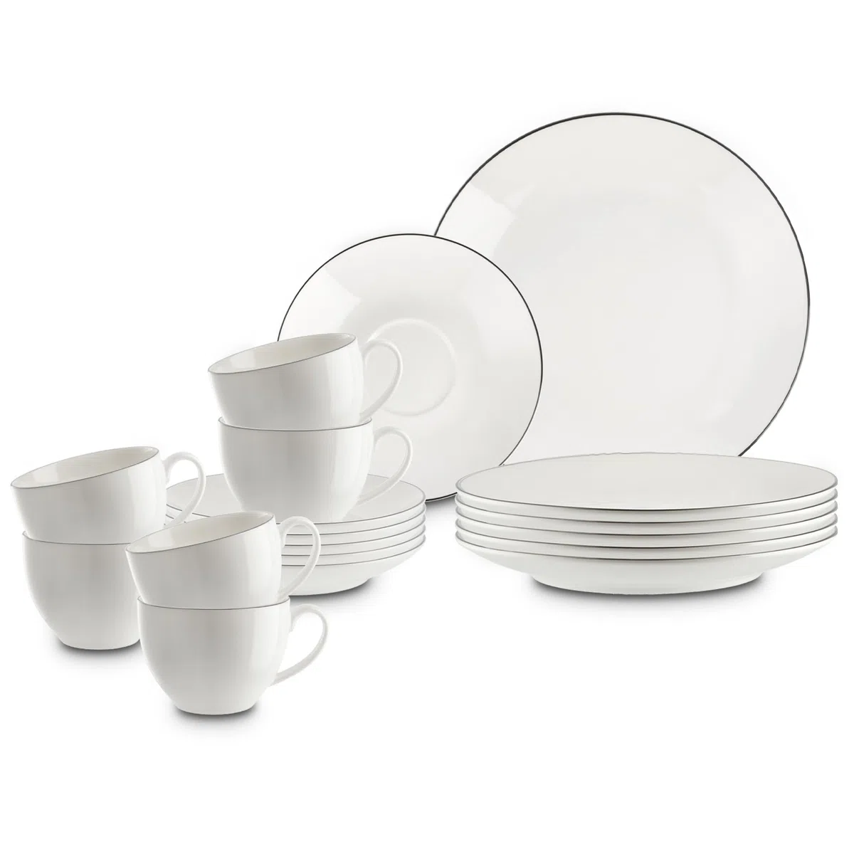 Peill+Putzler Germany, Kaffeeservice für 6 Personen aus hochwertigem Porzellan, 18-teiliges Geschirrset in weiß mit schwarzem Rand, 6x Dessertteller, 6x Kaffeetassen, 6x Kaffeeuntertassen